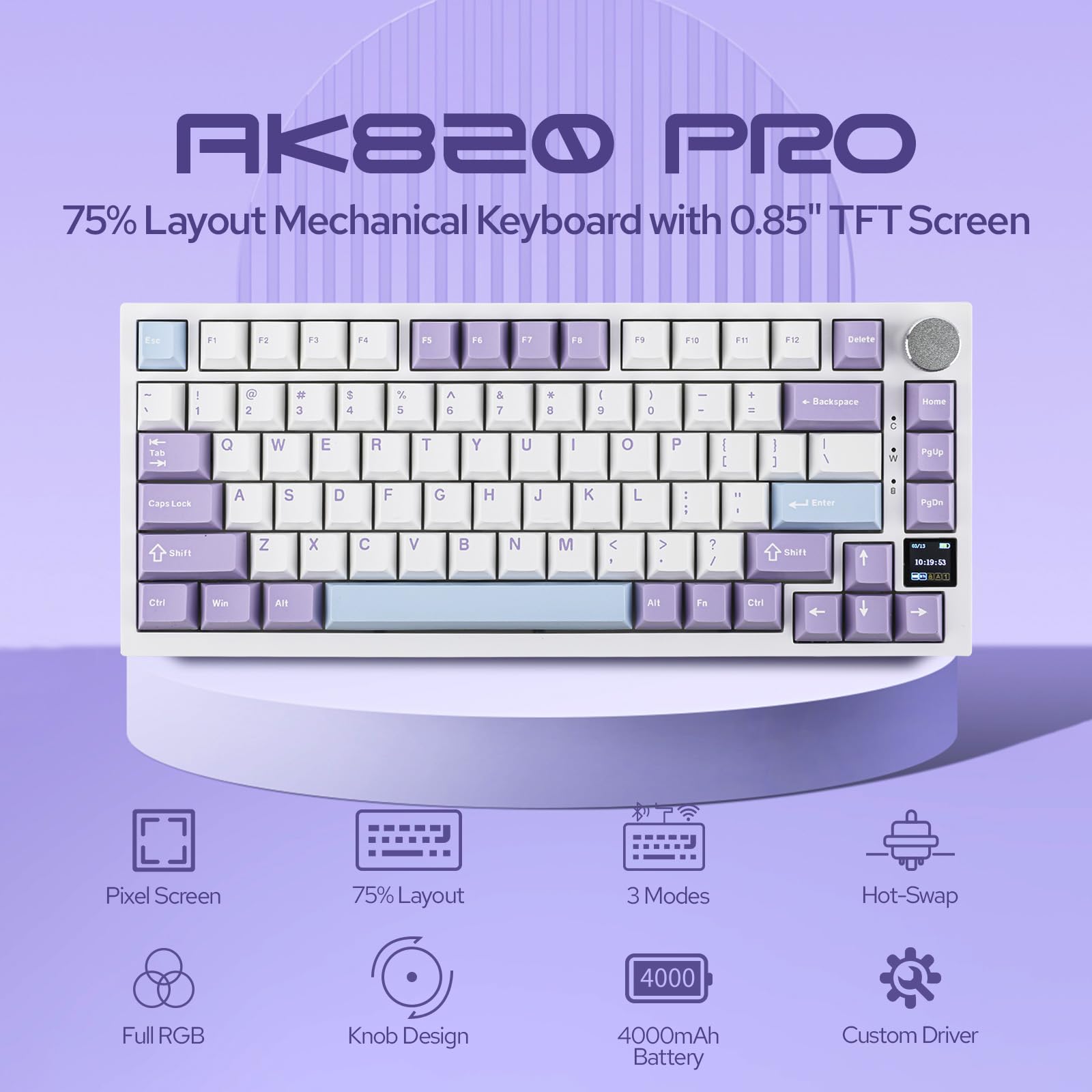 EPOMAKER Ajazz AK820 Pro 75% Gasket-Mounted Wireless Mechanical Keyboard with TFT Screen - Bluetooth 5.1/2.4G/USB-C, RGB Backlit, Sound Dampening Foam (White Purple, Flying Fish Switch) - Perfect for Gaming, Office Work & Typing Enthusiasts