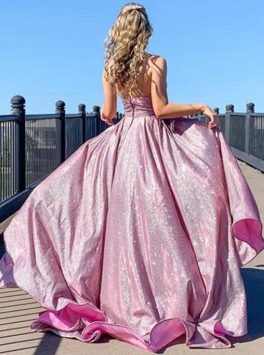 Elegant Pink A-Line Spaghetti Strap V-Neck Long Prom Dress for Party, Homecoming, Dance & Formal Events - Style 12551