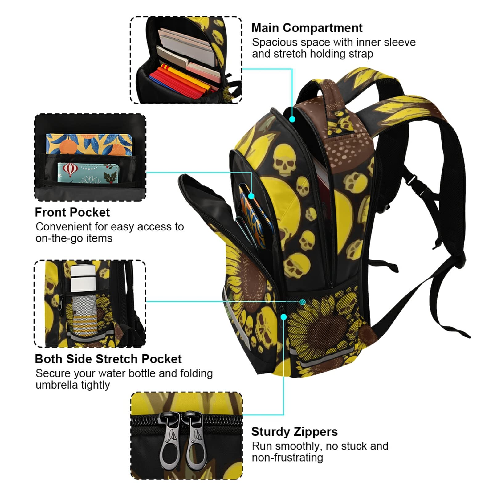 **Panksolu Skull & Sunflowers Backpack - Lightweight Laptop Backpack for School, Travel & Hiking - Durable Daypack for Women, Men, Teens & Kids - One Size Fits All - Perfect for Work, College & Outdoor Adventures**