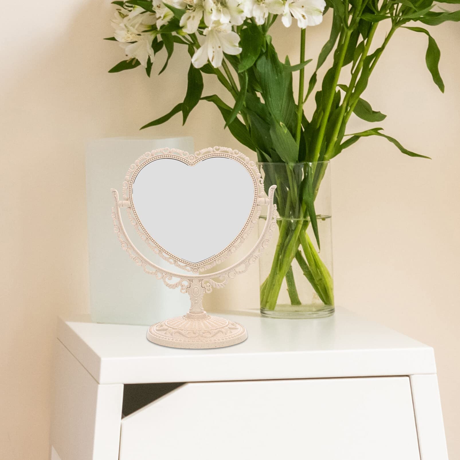 Beaupretty Heart Shaped Vanity Mirror - Double Sided 360° Rotating Makeup Mirror with Stand for Bathroom & Bedroom (Beige) | Perfect for Makeup Application, Skincare Routine, and Home Decor
