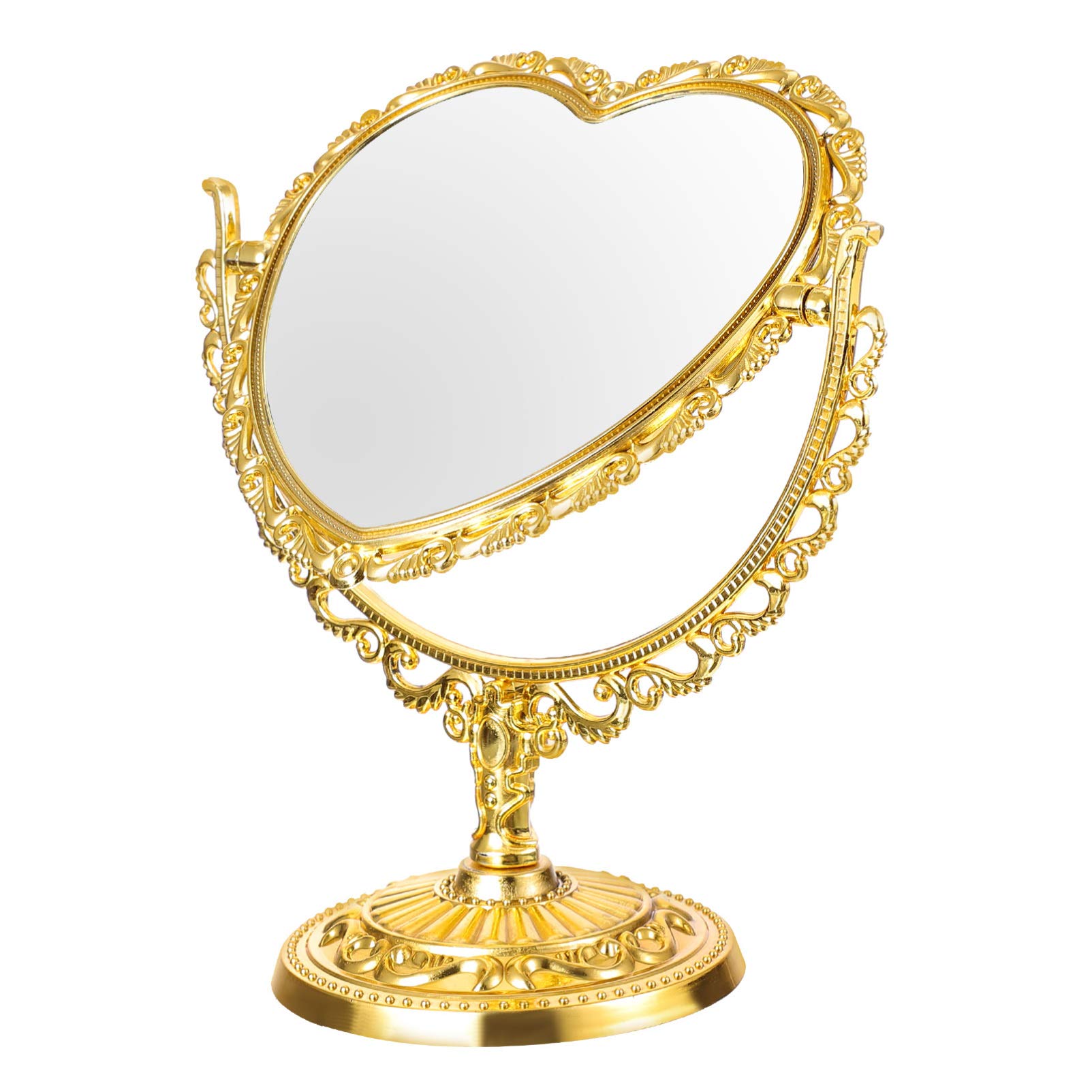 Two-Sided Swivel Vanity Mirror with Heart Design - Gold Tabletop Makeup Mirror for Dressing Table, Desk & Beauty Station - Perfect for Home, Bedroom, Bathroom & Travel Use