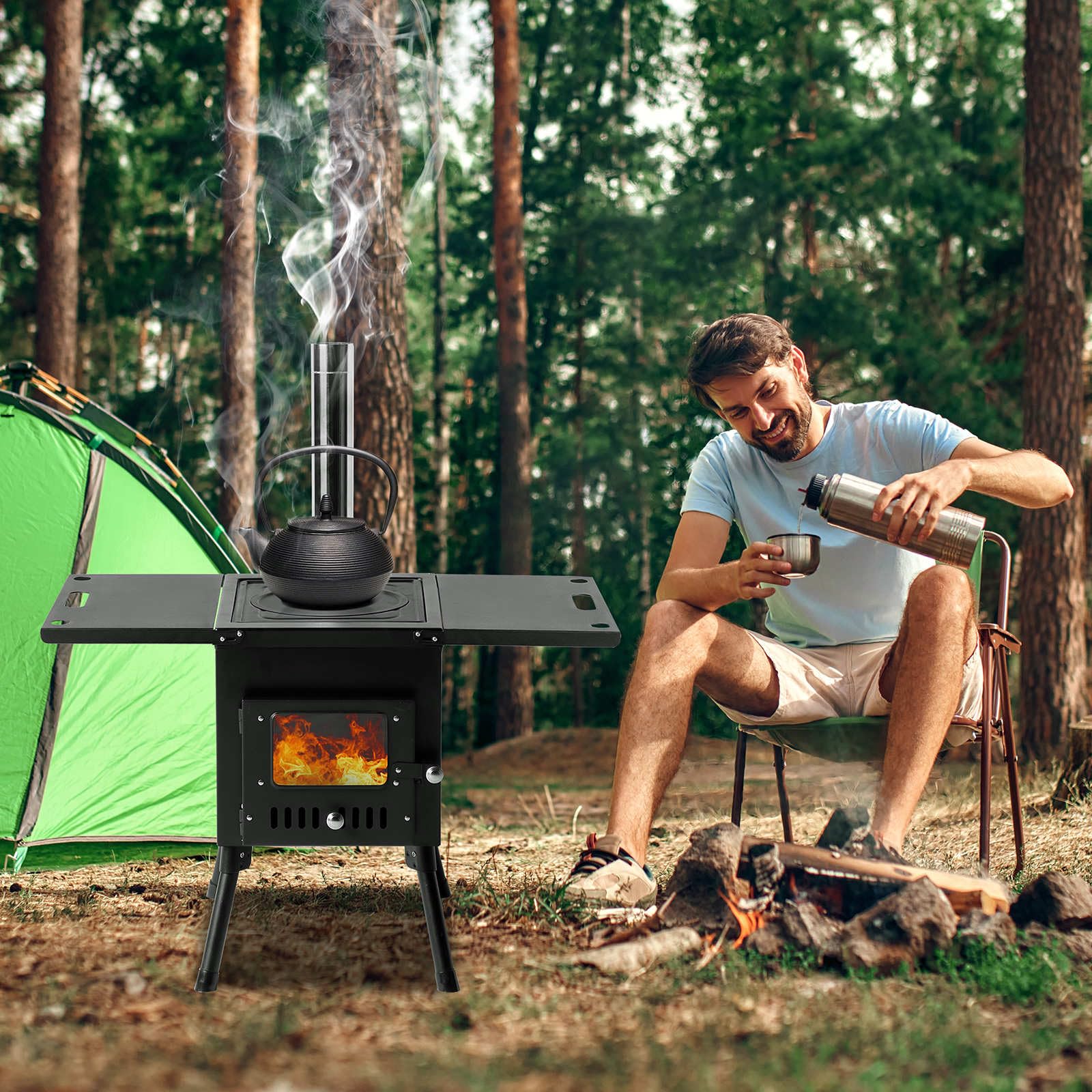 Portable Wood Burning Camping Stove - Foldable Iron Panel Tent Stove with Chimney Pipes for Outdoor Heating, Cooking & Survival (30.5