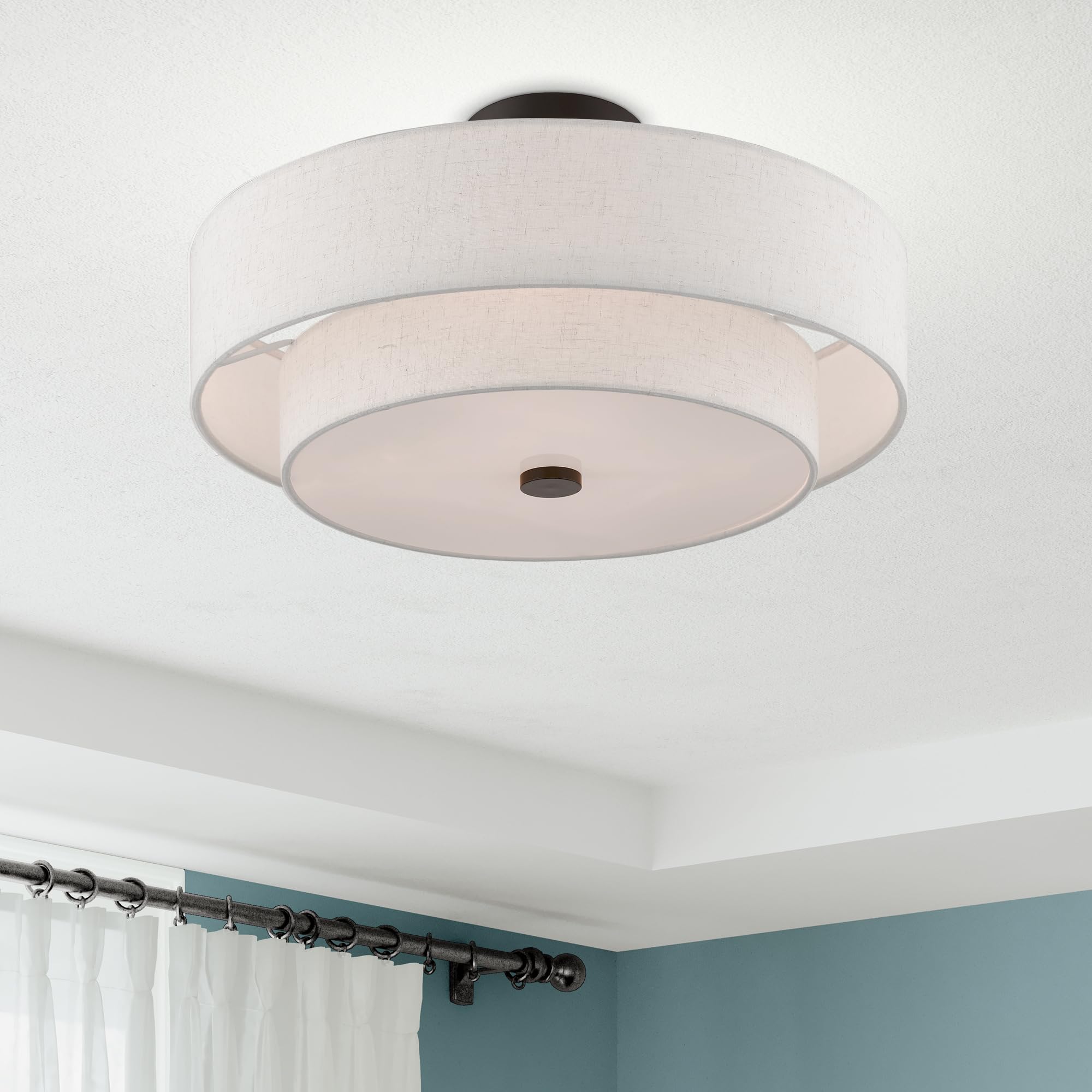 Livex Lighting 51085-92 4-Light Semi Flush Mount Ceiling Fixture - Oatmeal Fabric Drum Shade & Satin White Diffuser in English Bronze | Perfect for Bedroom, Living Room & Dining Room Lighting