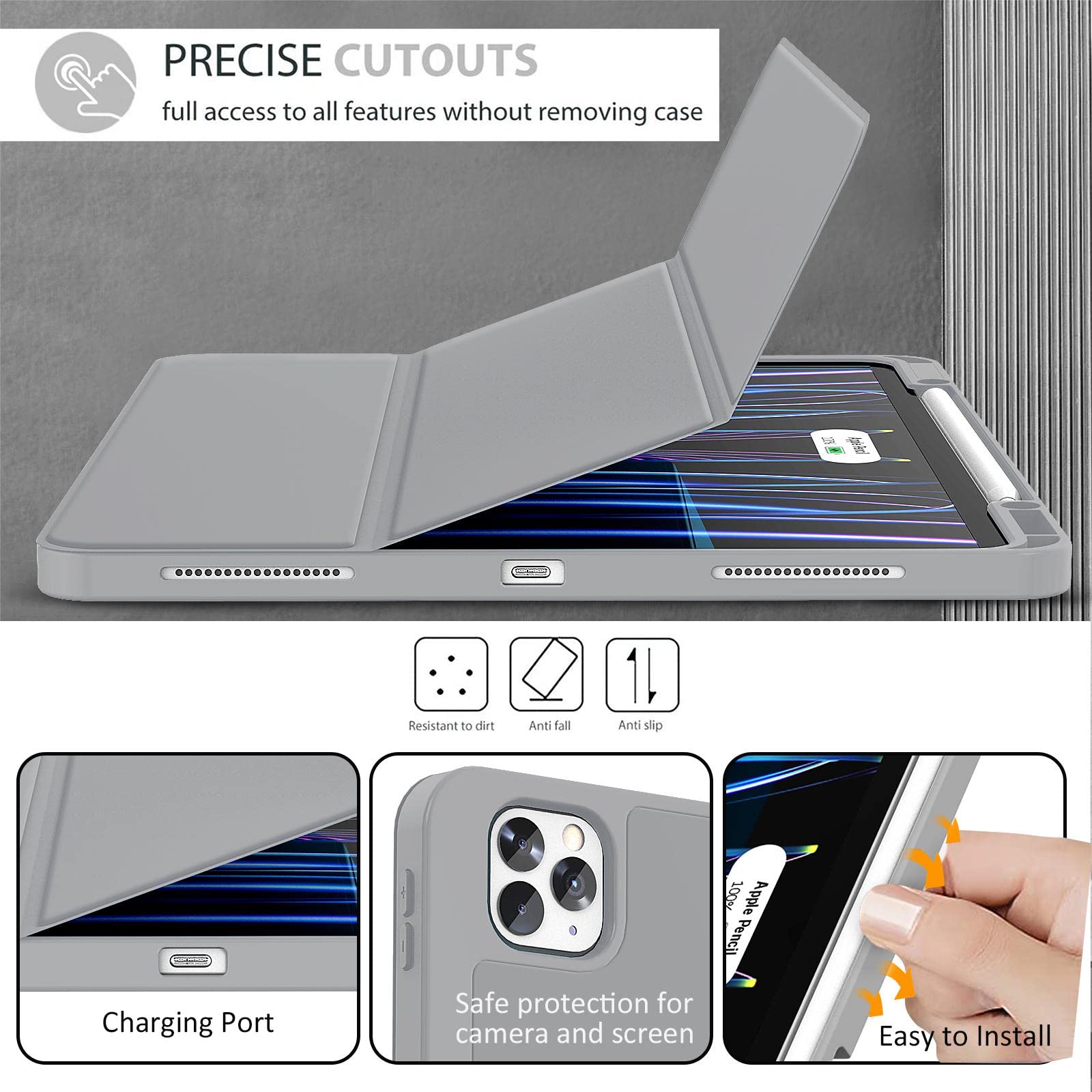 Premium iPad Pro 12.9 Case (6th/5th/4th/3rd Gen) - Trifold Stand Cover with Pencil Holder & Auto Wake/Sleep | TPU Back Protection for iPad Pro 12.9 (2022/2021/2020/2018 Models) | Perfect for Work, Study & Travel (Dark Grey)