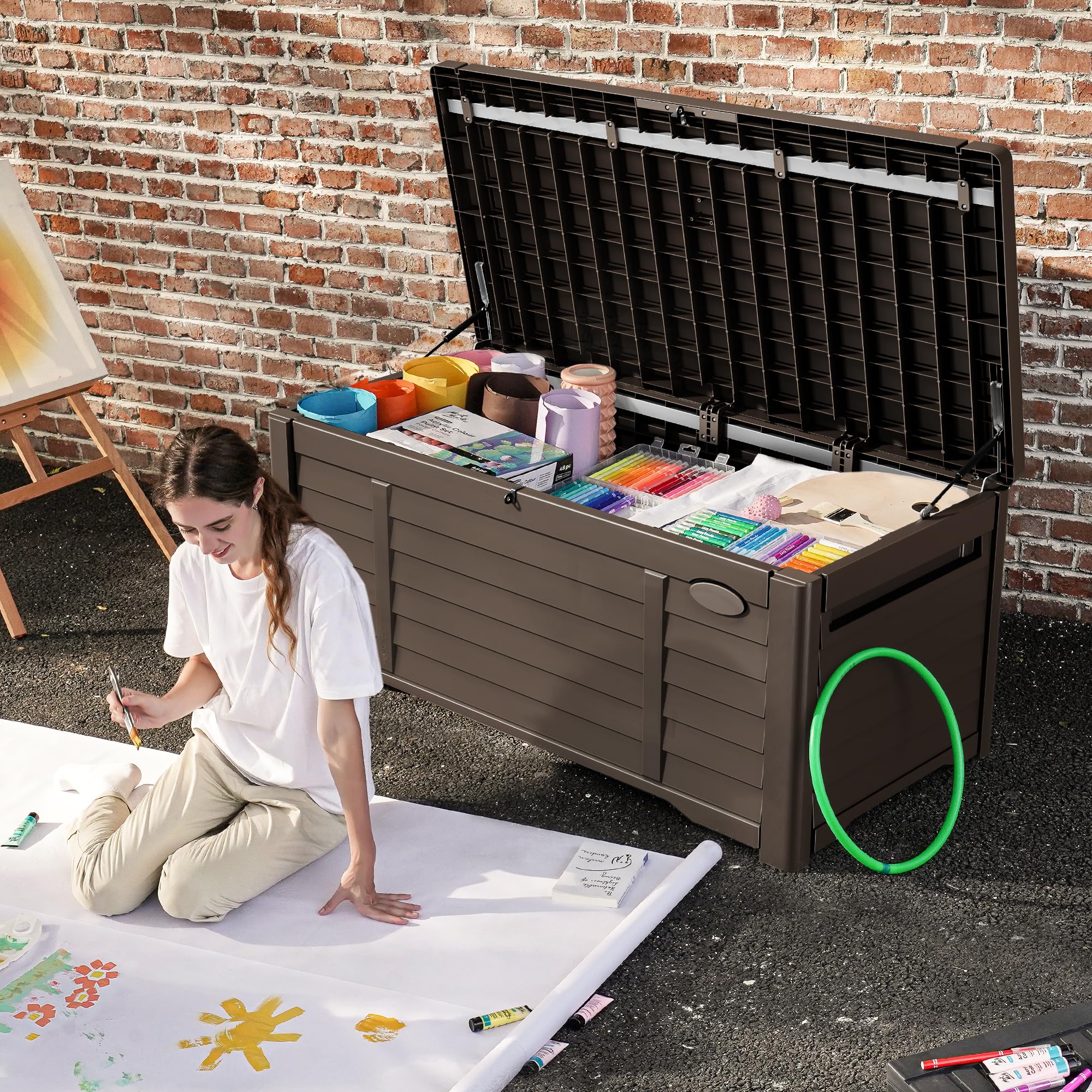 DWVO 120 Gallon Outdoor Louver Storage Deck Box - Waterproof, Lockable Resin Deck Box for Patio, Garden & Pool Supplies - Ideal for Storing Outdoor Pillows, Cushions, Tools & Accessories