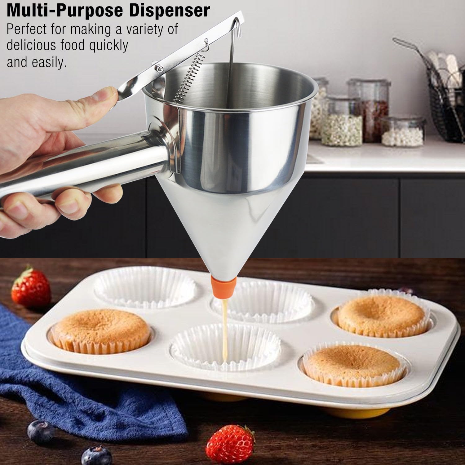 40oz Stainless Steel Pancake Batter Dispenser - Large 1200ml Funnel Cake Pourer with Stand | Commercial & Home Kitchen Use for Pancakes, Crepes, Waffles & Baking