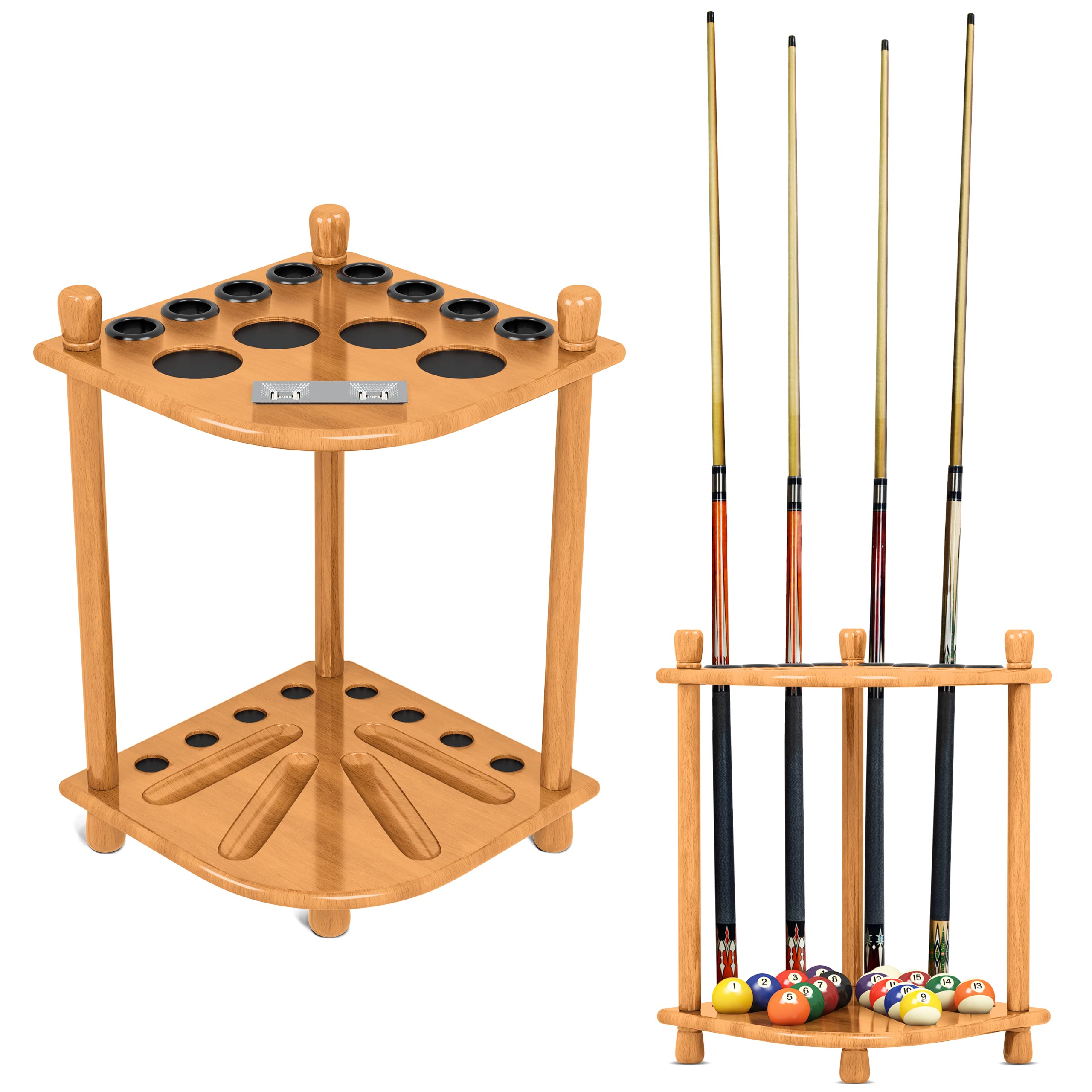ISZY 8-Slot Wooden Billiard Cue Rack with Ball Holder & 4 Score Counters - Pool Stick Organizer for Home Game Rooms, Bars, and Billiard Halls