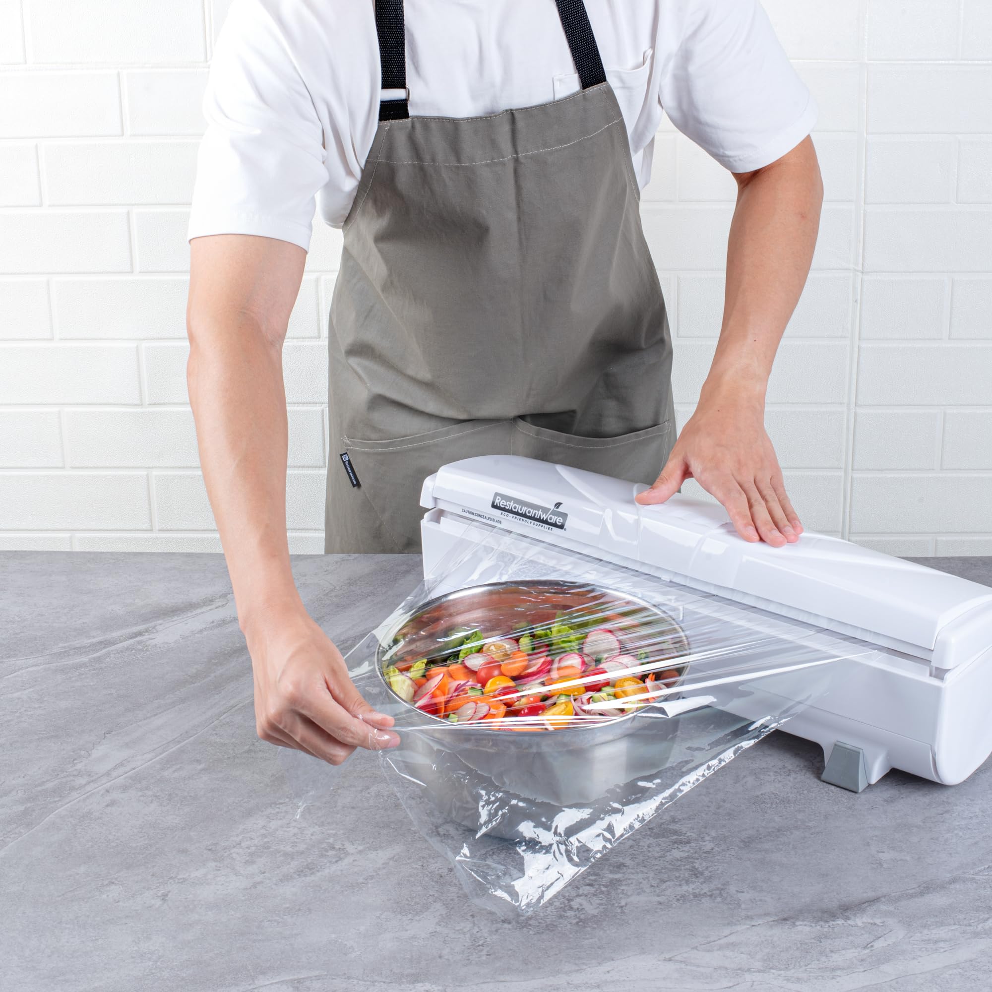 Restaurantware RW Base Food Wrap Dispenser with Cutter - Refillable Cling Wrap & Aluminum Foil Dispenser for 12” to 18” x 2000’ Rolls - Press Down & Cut System with Sharp Blade - White Plastic - Perfect for Restaurants, Catering & Home Kitchen Storage