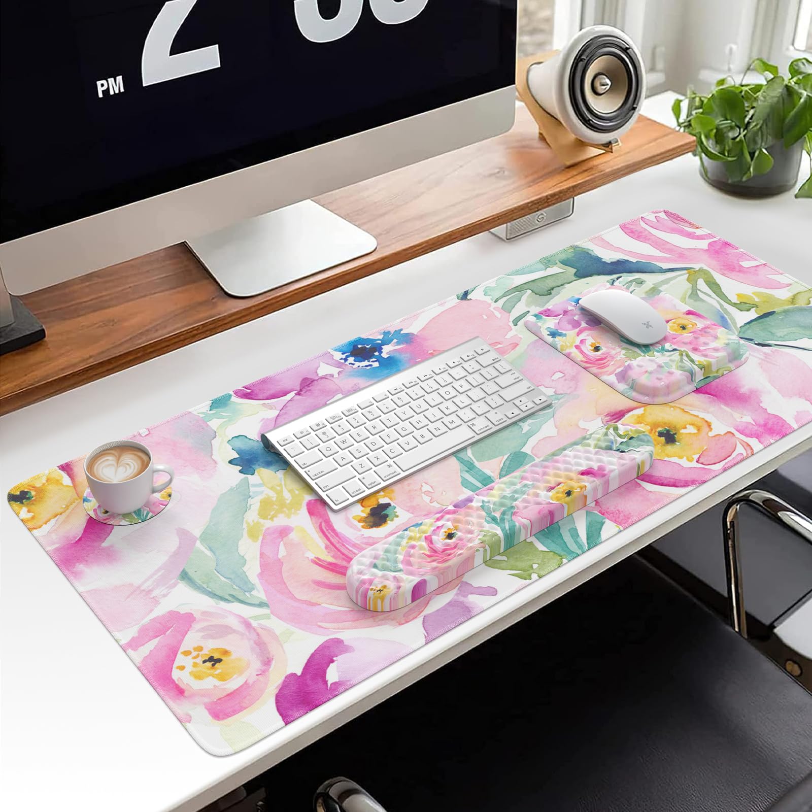 HAOCOO Large Ergonomic Mouse Pad with Wrist Rest - 4-Piece Desk Mat Set with Memory Foam Gaming Mousepad & Coaster - Pink Floral Design for Women - Perfect for Office, Gaming & Laptop Use