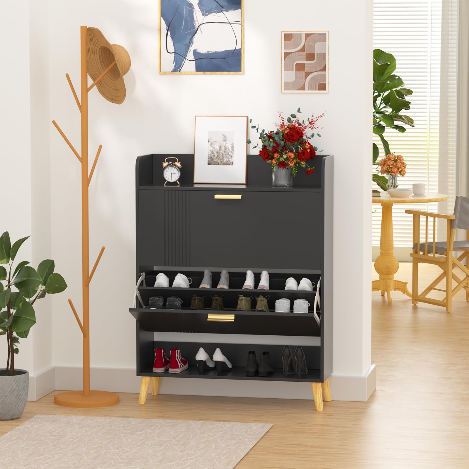 Garden 4 You 2-Drawer Shoe Storage Cabinet with Wooden Legs - Freestanding Shoe Organizer for Entryway, Hallway, Living Room & Bedroom - Space Saving Narrow Shoe Rack for Small Spaces (Black) - Perfect for Apartment Dwellers & Home Organization