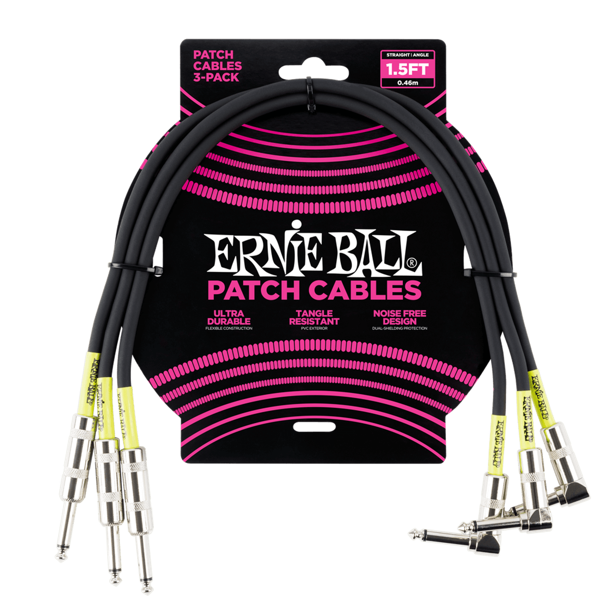 Ernie Ball Straight/Angle Patch Cable 0.5M (1.6ft) 3-Pack - Black Instrument Cable for Guitar, Bass, Pedalboard & Audio Equipment - Perfect for Stage, Studio & Home Recording