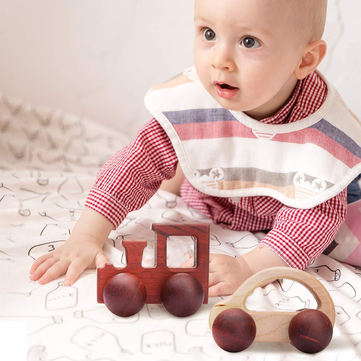 Promise Babe 2-Piece Wooden Rattle & Push Car Set - Organic Natural Wood Montessori Toys for Babies & Newborns - Perfect Baby Shower Gift for Early Learning & Sensory Play