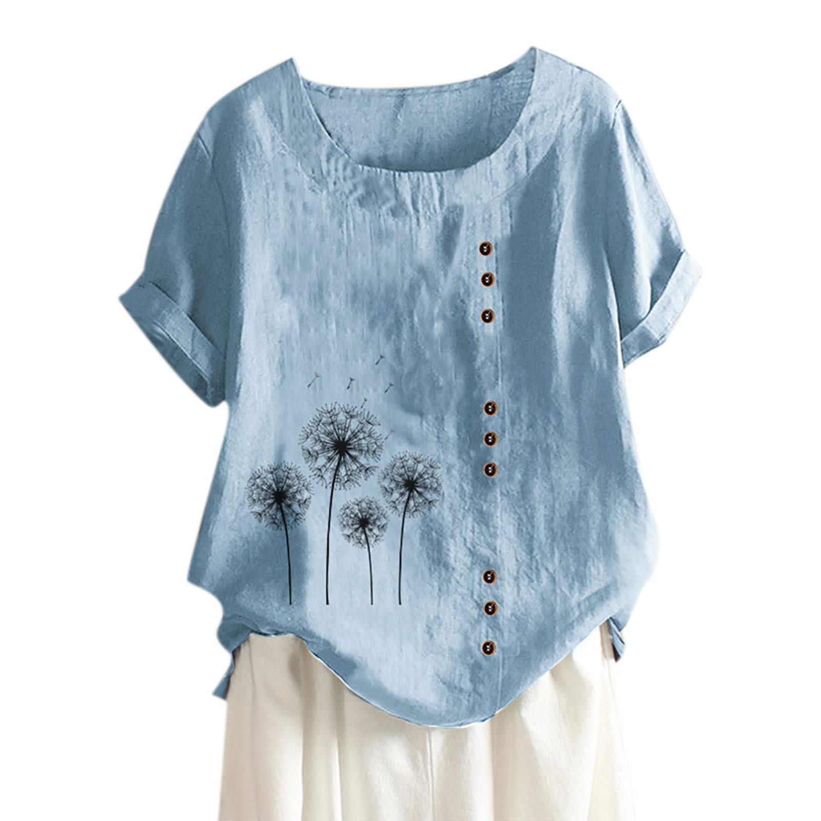 **Plus Size Linen Shirts for Women - Lightweight Short Sleeve Crewneck T-Shirts - Summer Cute Dandelion Blouses for Casual Wear & Beach Outfits**