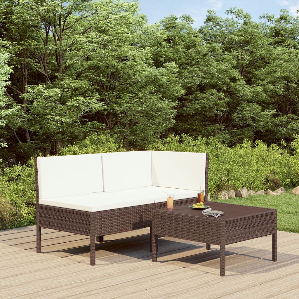 3-Piece Outdoor Patio Sofa Set with Cushions & Table - Poly Rattan Garden Lounge Furniture for Backyard, Porch, Poolside (Brown & Cream White) | Perfect for Relaxing, Entertaining & Outdoor Gatherings