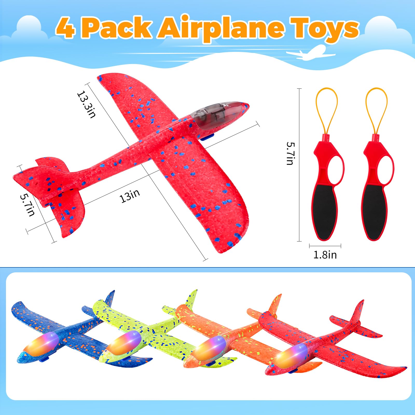 SpringFlower 4 Pack LED Foam Glider Airplanes - Outdoor Flying Toys for Kids Ages 3-8 with 2 Flight Modes | Easter Basket Stuffer & Birthday Gift for Boys & Girls | Fun Outdoor Play, Backyard Games & Summer Activities