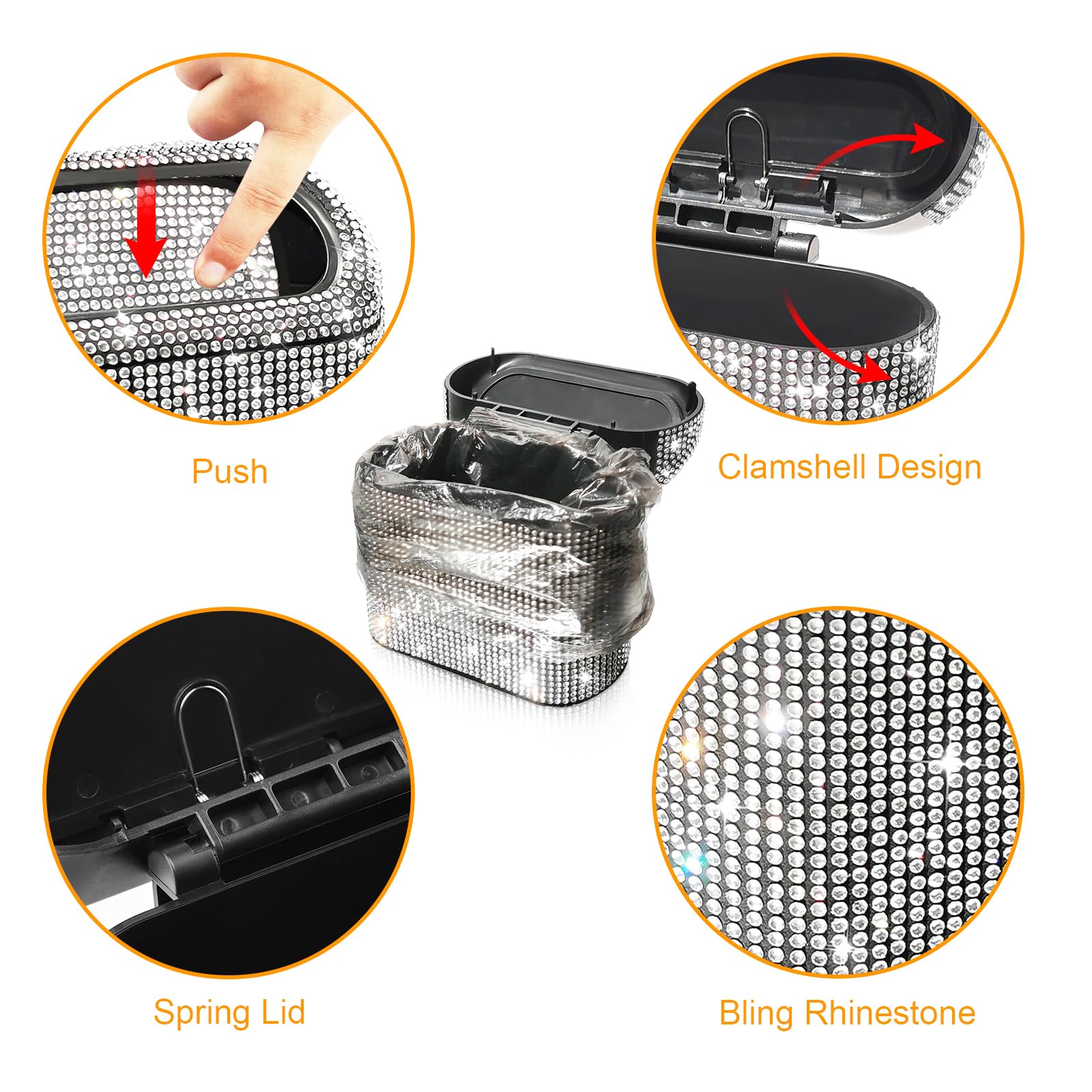 Accmor Sparkling Crystal Car Trash Can with Lid - 30pcs Garbage Bags Included - Vehicle Auto Dustbin Organizer & Garbage Storage Container - Perfect for Road Trips, Commuting, and Keeping Your Car Clean