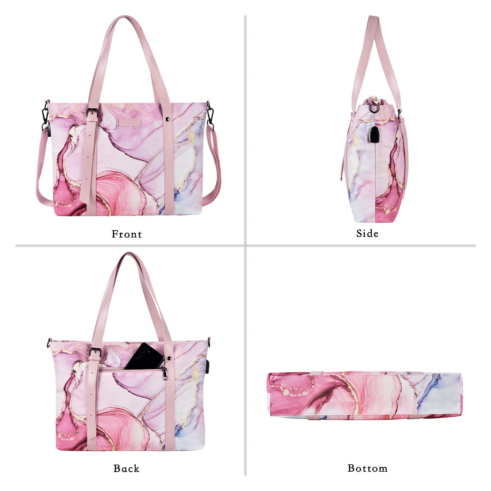 MOSISO 17-17.3 Inch Laptop Tote Bag for Women - USB Charging Port, Adjustable Handle, Polyester Work Travel Office Shoulder Bag (Marble MO-MBH216) - Perfect for Business Trips, Commuting & Daily Use