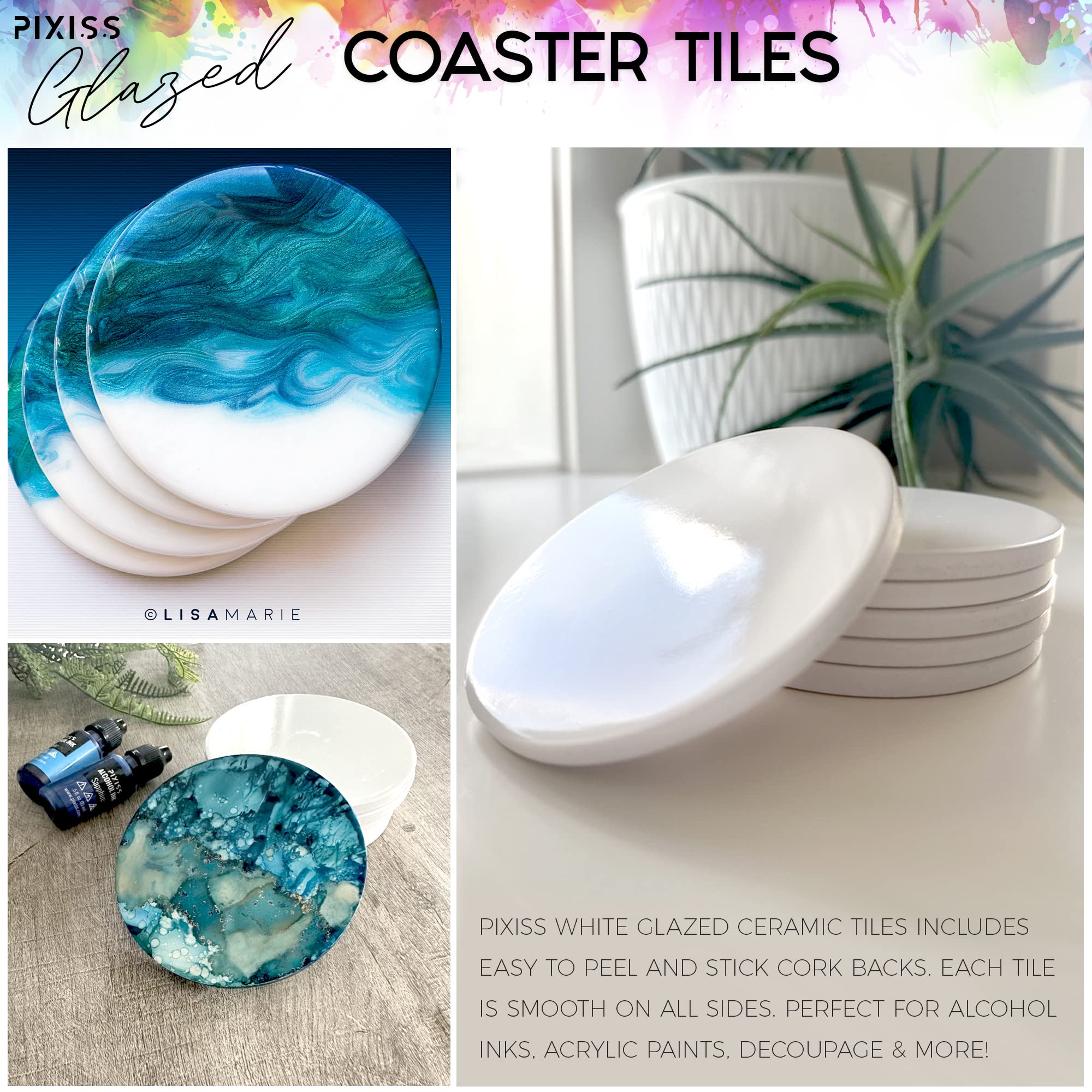 Pixiss 50 Pack 4-Inch Round Glazed Ceramic Coasters with Cork Backings - DIY Blank Tiles for Alcohol Inks, Acrylic Pouring, Painting & Craft Projects - Perfect for Home Decor, Party Favors & Gift Making