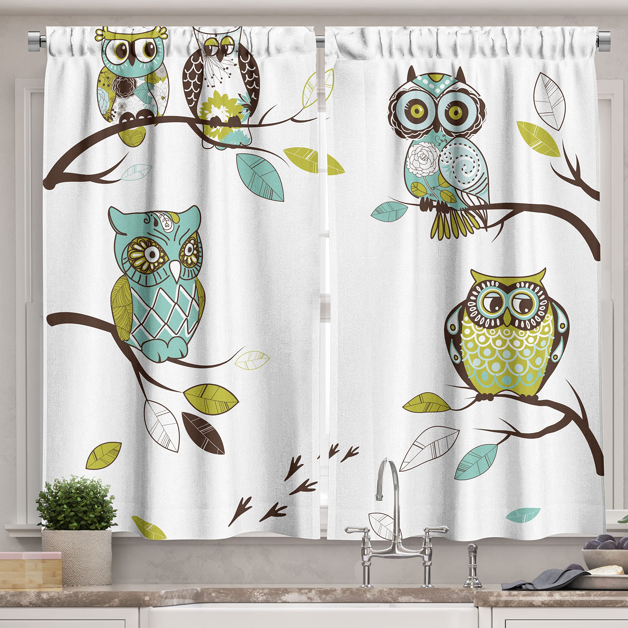 Lunarable Owl Kitchen Curtains Set of 2 - Woodland Birds Perching on Tree Branches with Swirl & Floral Designs, 55x39 Inch Multicolor Window Drapes for Kitchen & Cafe Decor - Perfect for Farmhouse, Cottage & Boho Style Homes