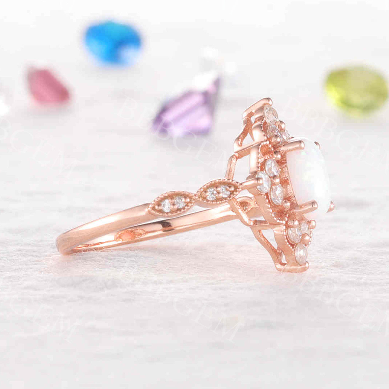 Vintage Opal Engagement Ring 14K Rose Gold Oval Halo Diamond Wedding Band for Women - Perfect for Anniversary, Proposal & Special Occasions