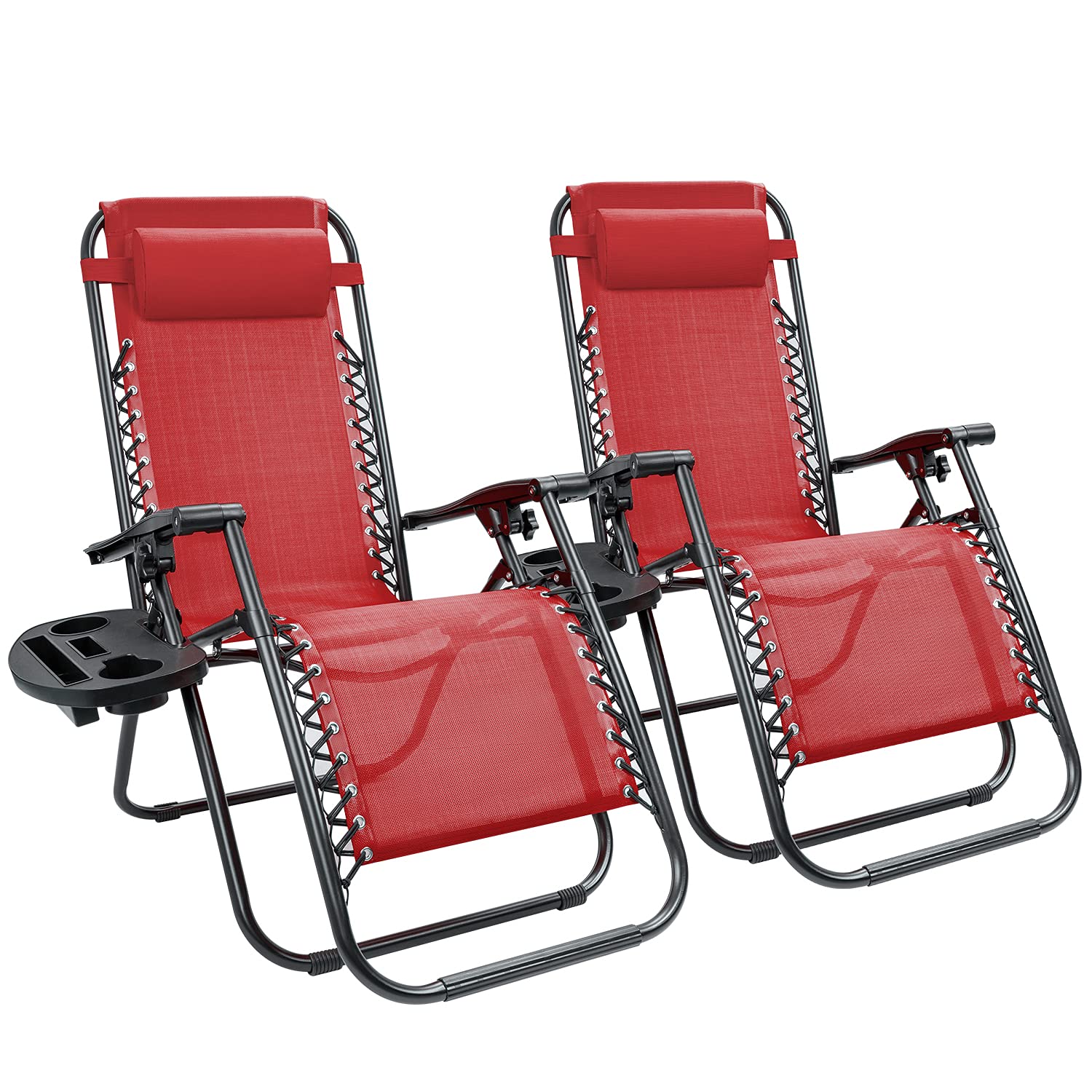 Kemon Zero Gravity Folding Lounge Chair - Adjustable Reclining Outdoor Patio Chair with Pillows & Cup Holders - Set of 2 Red Chairs - Perfect for Beach, Poolside, Backyard & Camping Relaxation