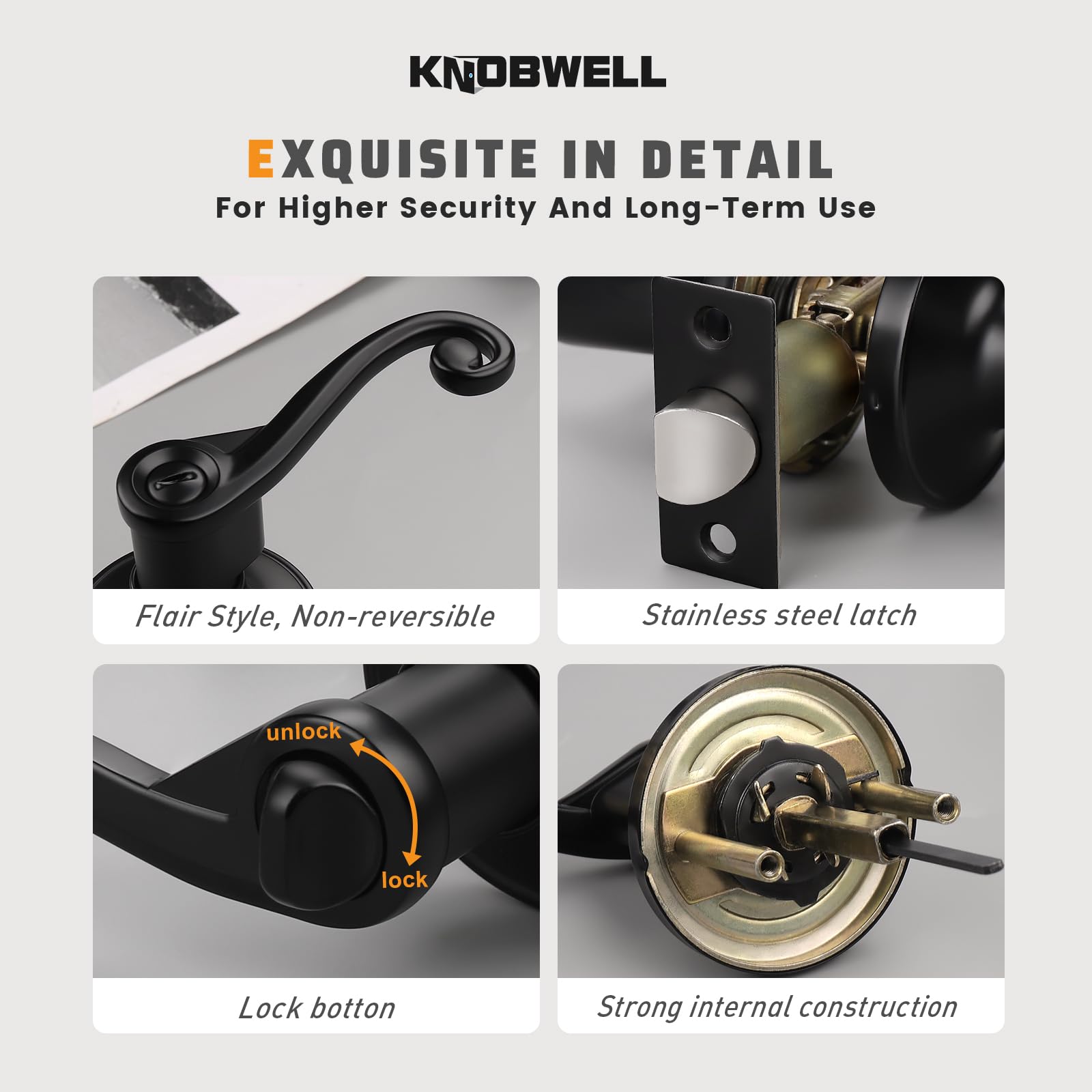 KNOBWELL 2 Pack Matte Black Interior Door Handle Sets with Privacy Lock - Durable Commercial Grade Door Levers for Bedroom, Bathroom & Office Doors - Easy Installation & Modern Home Upgrade