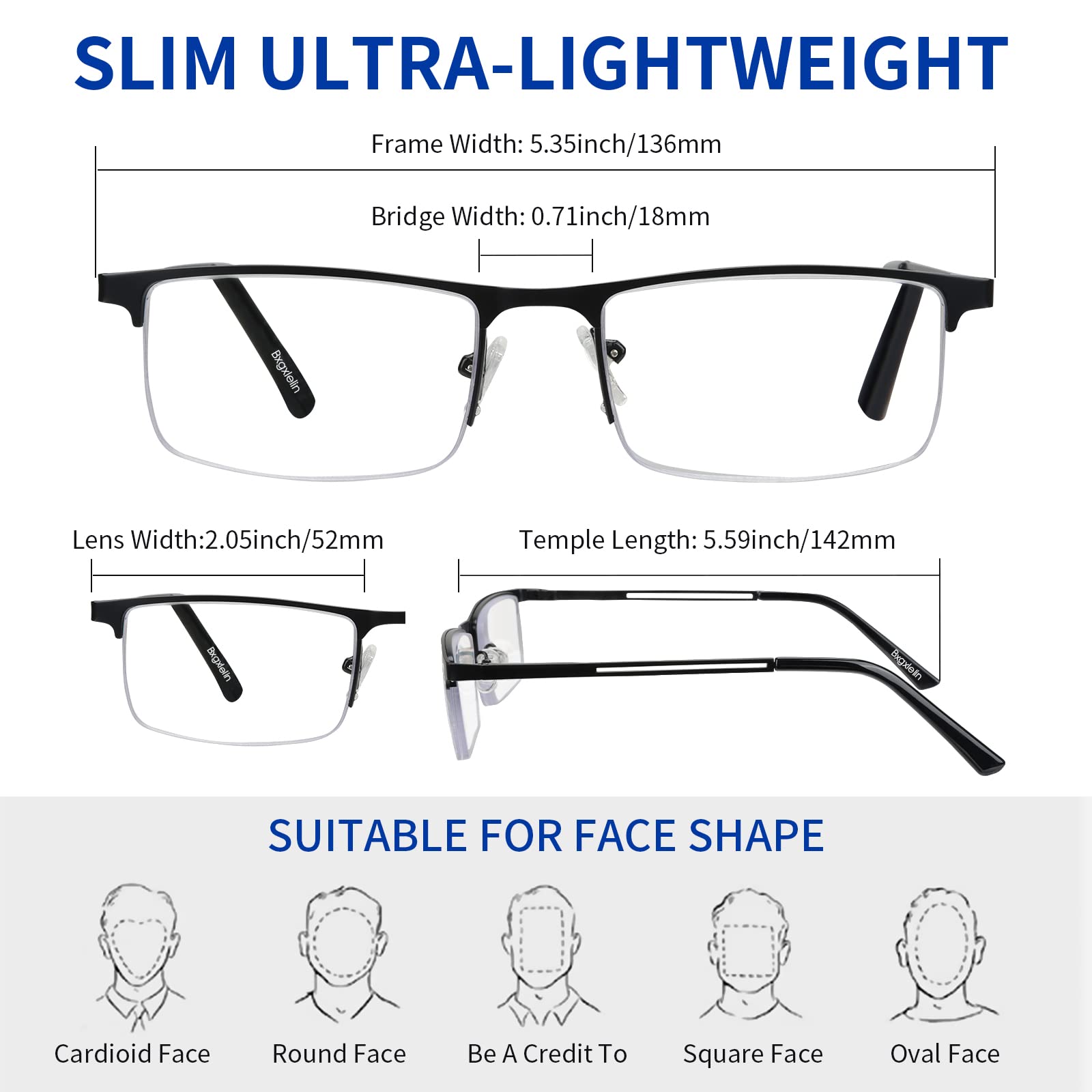 1.0-4.0x Blue Light Blocking Reading Glasses for Men - 3 Pack Lightweight Metal Half Frame Computer Glasses - Reduce Eye Strain for Office Work & Screen Use