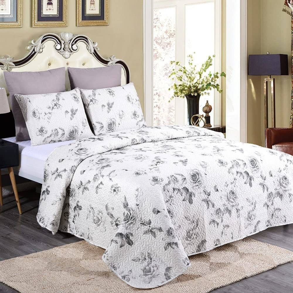 King Size 3-Piece Quilt Set with Matching Pillow Shams - Gray Floral Bedspread for Master Bedroom, Guest Room & Cozy Home Decor