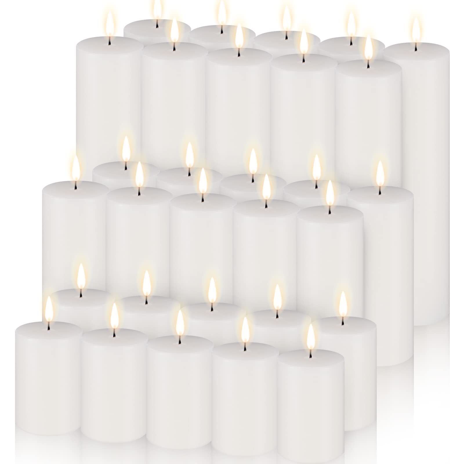 Amyhill 30-Pack Unscented White Pillar Candles Bulk Set - 2x3, 2x5, 2x8 Inch Large Tall Cotton Wick Wax Candles for Wedding, Home Decor, Restaurant, Spa & Church - Emergency Lighting & Romantic Ambiance