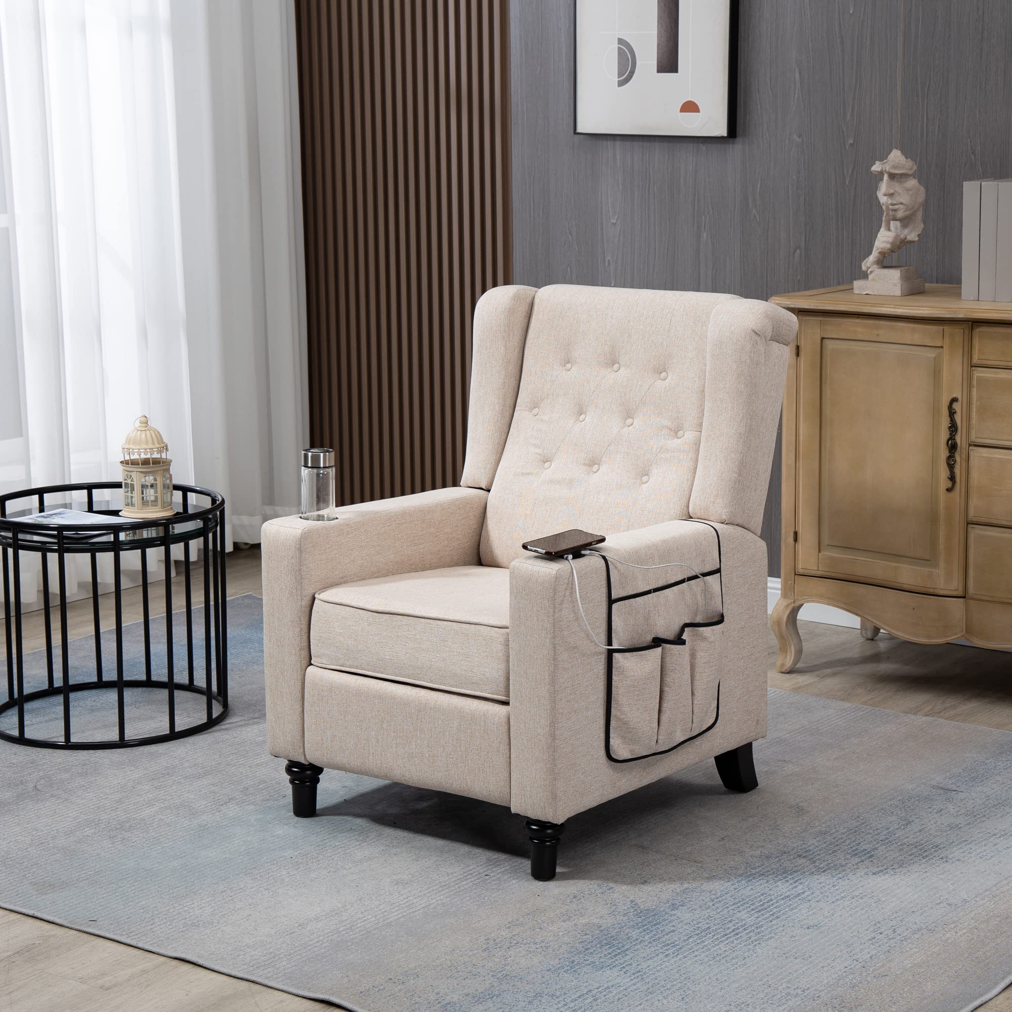 Modern Push Back Recliner Chair with Storage Pockets & USB Charging - Adjustable Tufted Wingback Recliner with Footrest for Living Room, Office & Home Theater - Comfortable Fabric Lounge Chair in Khaki