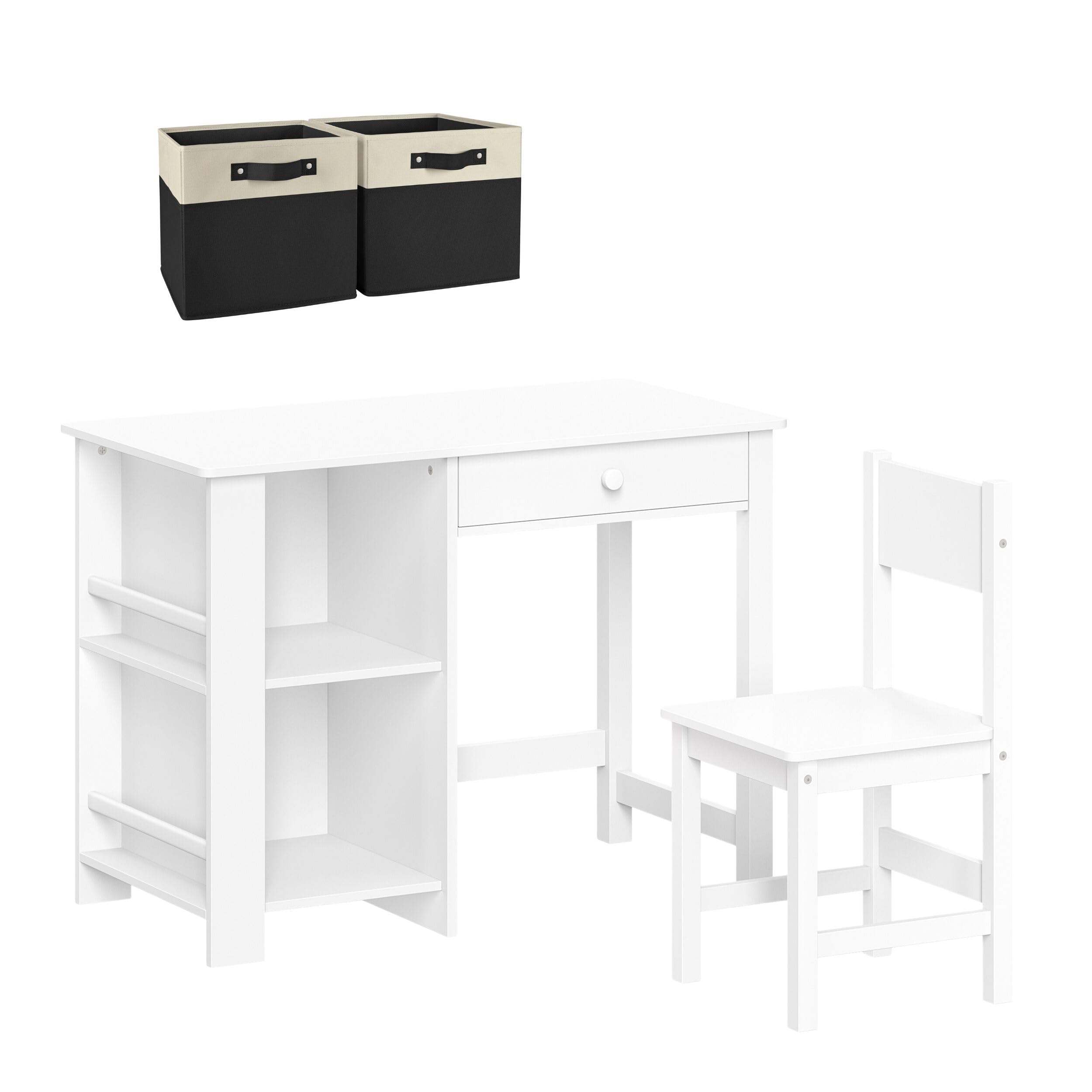RiverRidge Kids Study Desk and Chair Set with Storage Cubbies, Drawer & Bookshelves - Adjustable Height Children's Art Table for Bedroom, Homeschooling & Playroom - Includes 2 Foldable Fabric Storage Bins (Black) - Perfect for Learning, Drawing & Organizing School Supplies