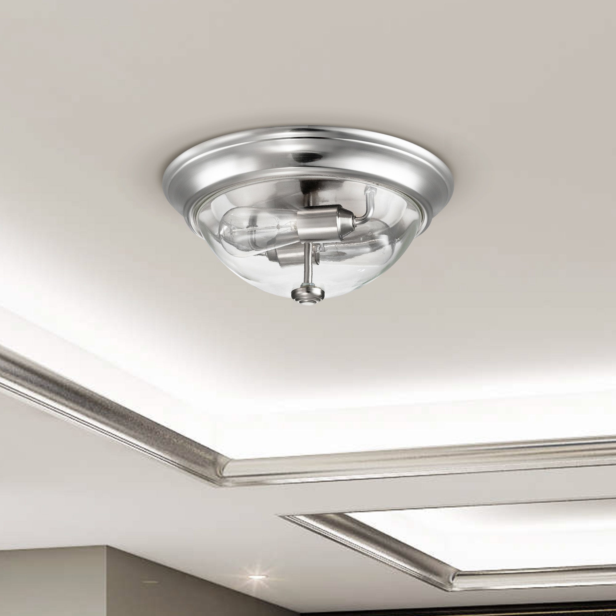13 Inch Designer Series Flush Mount Bowl Light - Clear Glass with Brushed Nickel Finish - Perfect for Kitchen, Bathroom, and Hallway Lighting