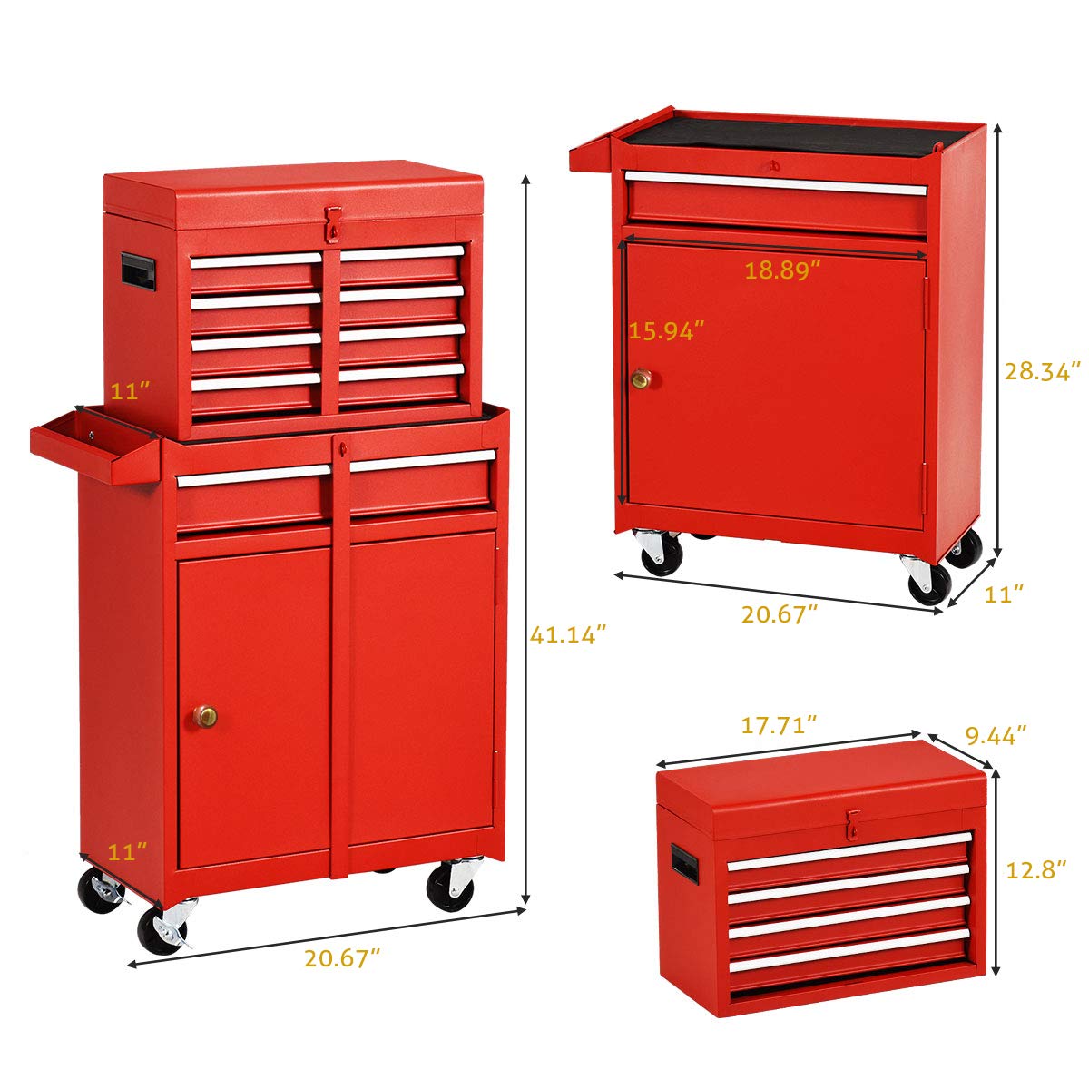 X&T 5-Drawer Rolling Tool Chest Set - Heavy Duty 2-Piece Steel Tool Cabinet Combo with Lockable Drawers & Wheels for Garage, Workshop, Warehouse Organization (Red) | Perfect for Mechanics, DIY Enthusiasts & Professional Tool Storage