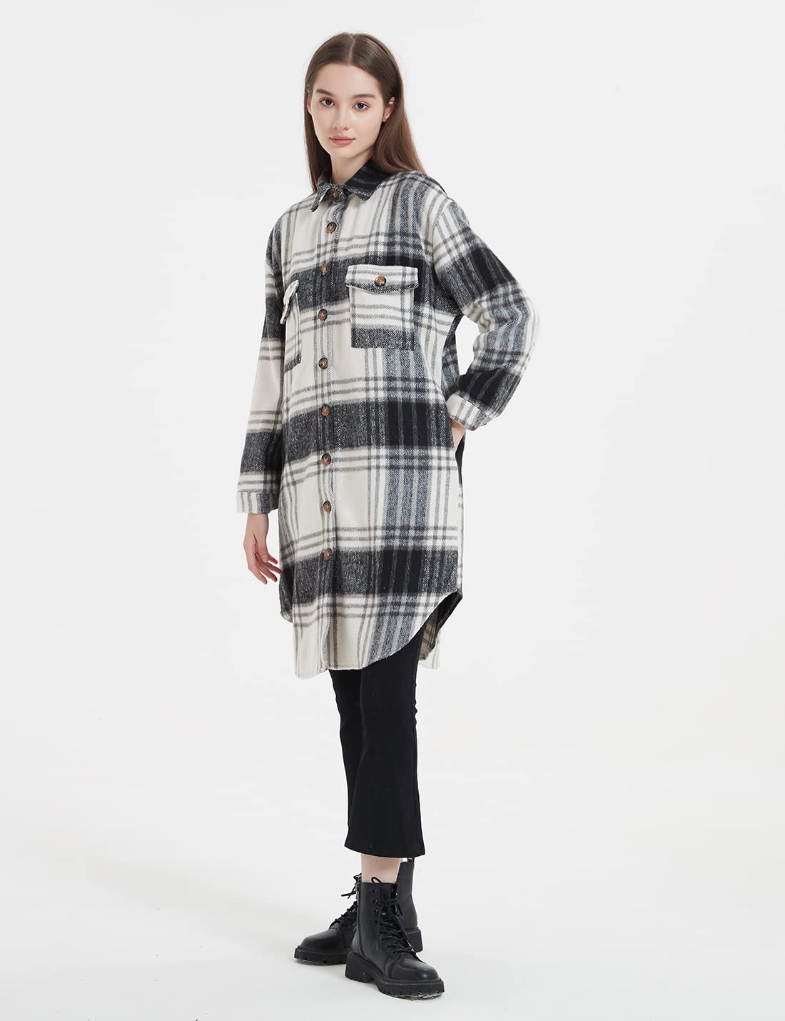 Happlan Women's Vintage Plaid Flannel Shacket - Button Down Lapel Cardigan Jacket for Dressy Casual Outfits | Perfect for Fall Layering, Office Wear & Weekend Outings