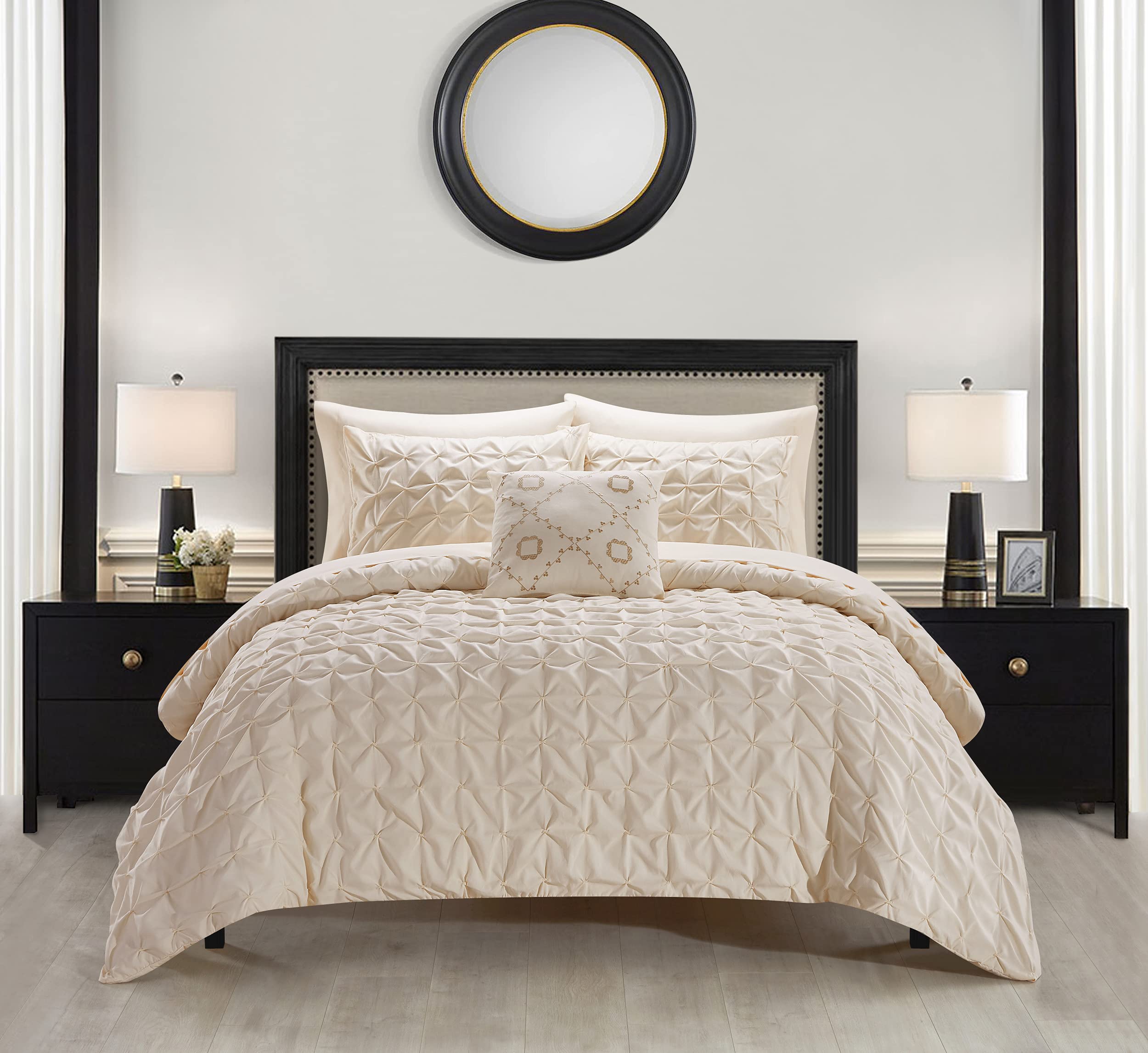 Chic Home Mercer 8-Piece King Size Comforter Set - Pinch Pleat Box Design Bed in a Bag with Sheet Set & Decorative Pillow Shams, Beige | Luxury Bedroom Decor for Master Suite & Guest Room