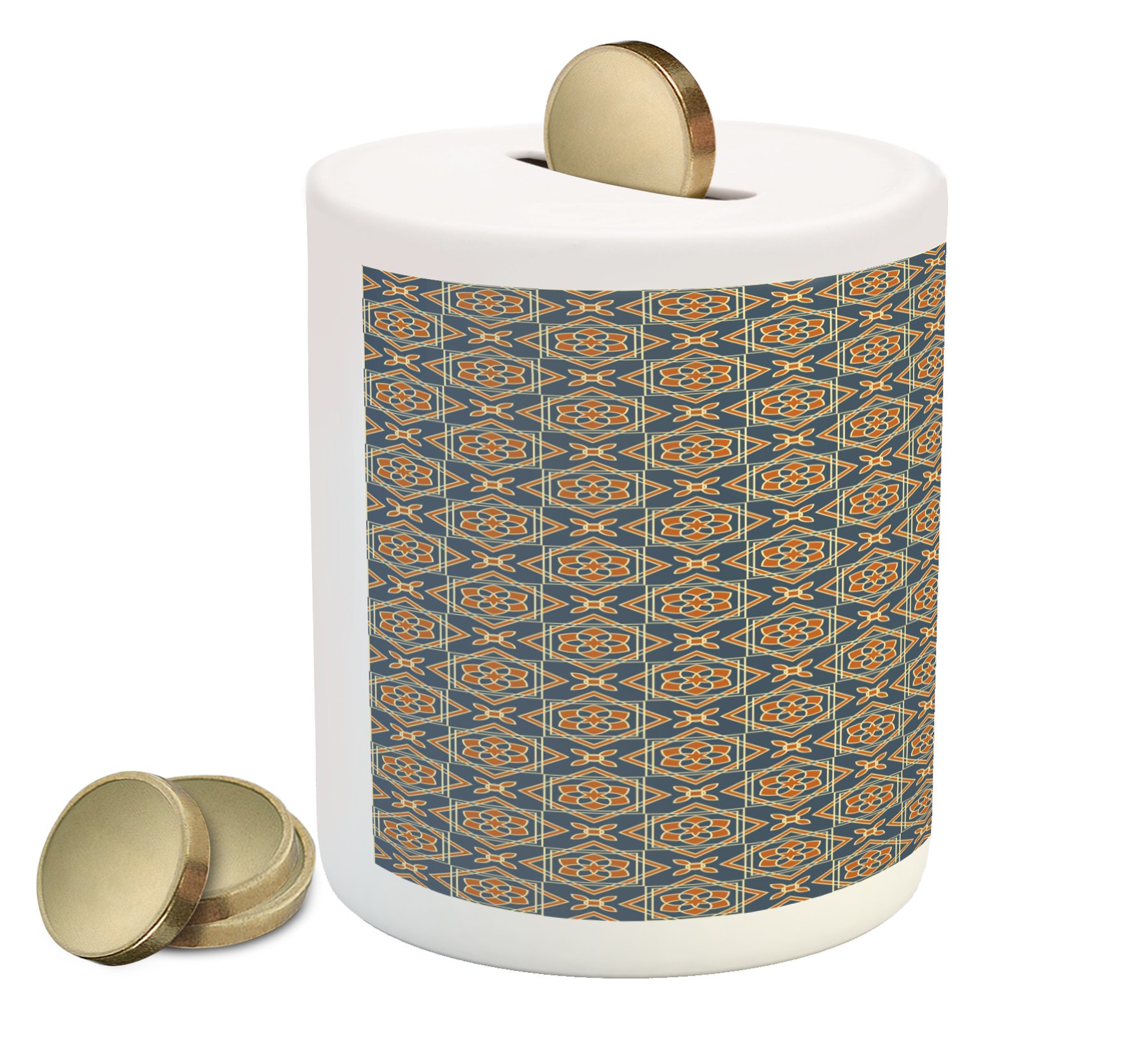 Ambesonne Vintage Ceramic Piggy Bank with Floral Daffodil Design - Money Saving Coin Bank for Kids & Adults - Perfect for Birthday Gifts, Home Decor, and Cash Savings (Dark Blue & Orange)