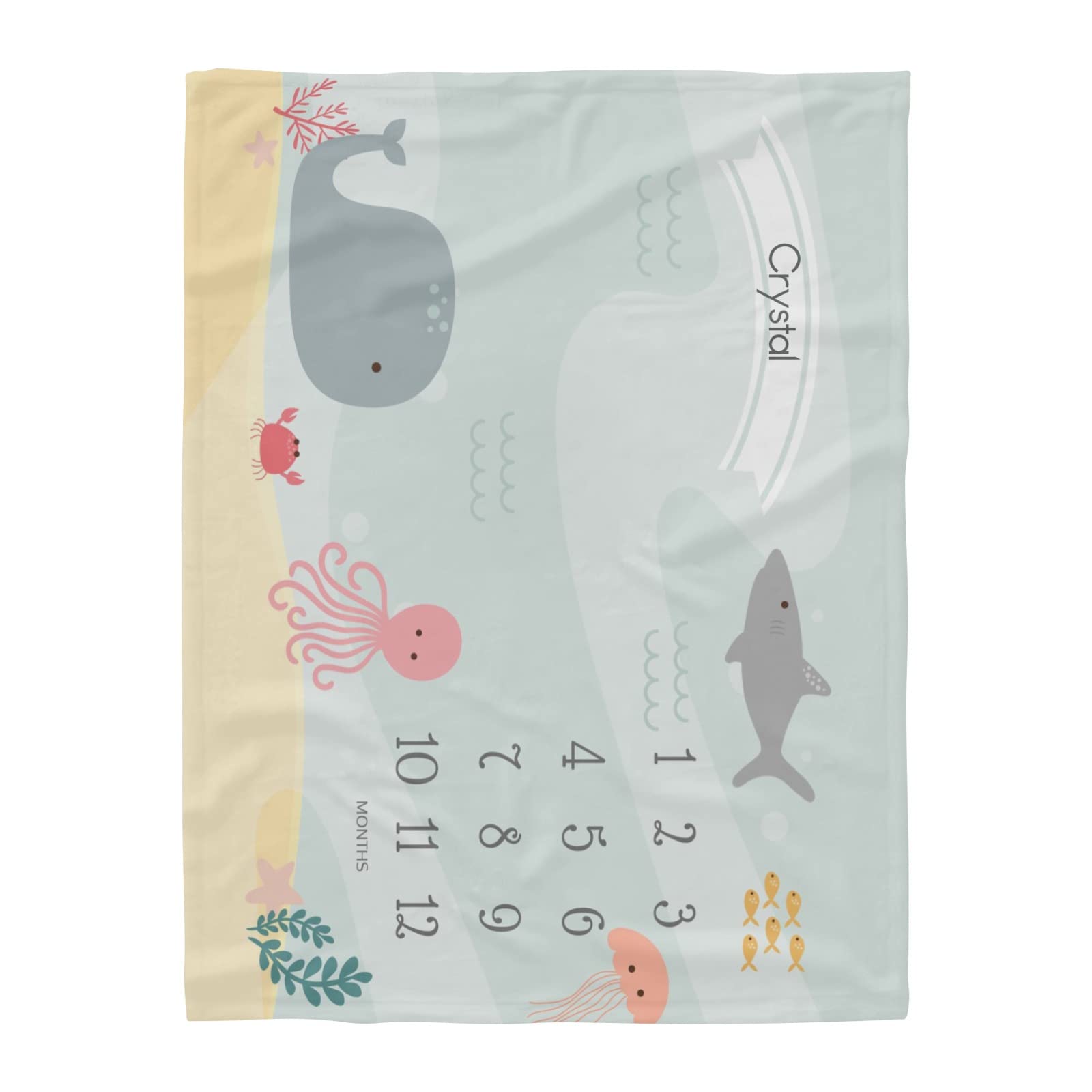 Custom Name Sea Animal Baby Monthly Blanket - Super Soft Fleece Personalized Blanket 60x80 inches for Nursery, Couch & Sofa - Perfect Newborn Gift & Cozy Home Decor