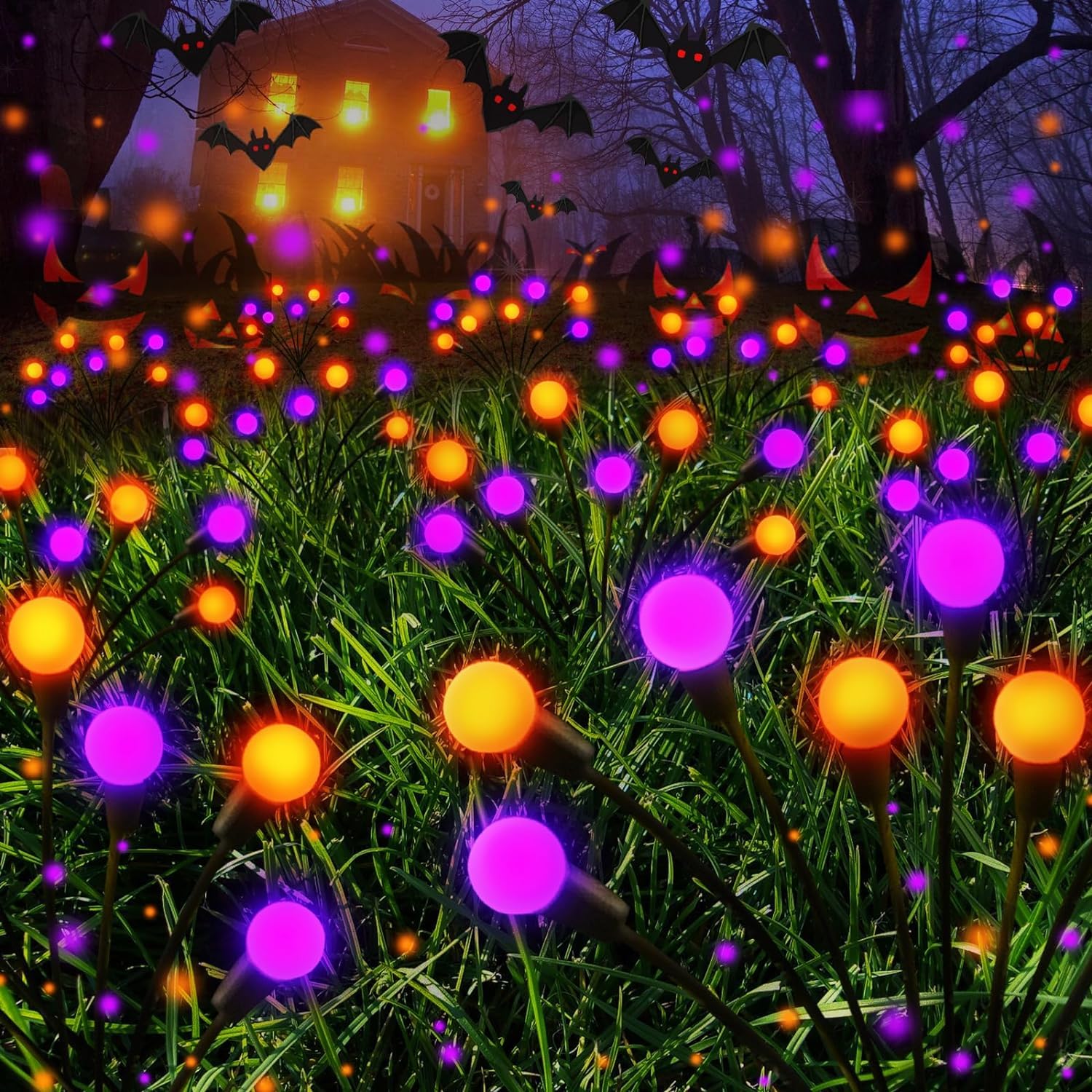 Albelt 6-Pack Solar Firefly Lights Outdoor Decorations - Wind Swaying, 48 LED Waterproof Garden Lights (Orange & Purple) for Halloween, Yard, Patio, Pathway - Perfect for Party Decor, Landscape Lighting & Nighttime Ambiance