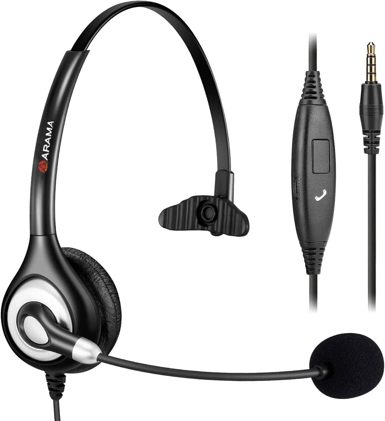Arama 3.5mm Mono Headset with Noise Cancelling Microphone & Call Controls - Compatible with iPhone, Samsung, Laptop for Teams, Skype, Call Center, Office - Ultra Comfortable for Long Business Calls & Online Meetings