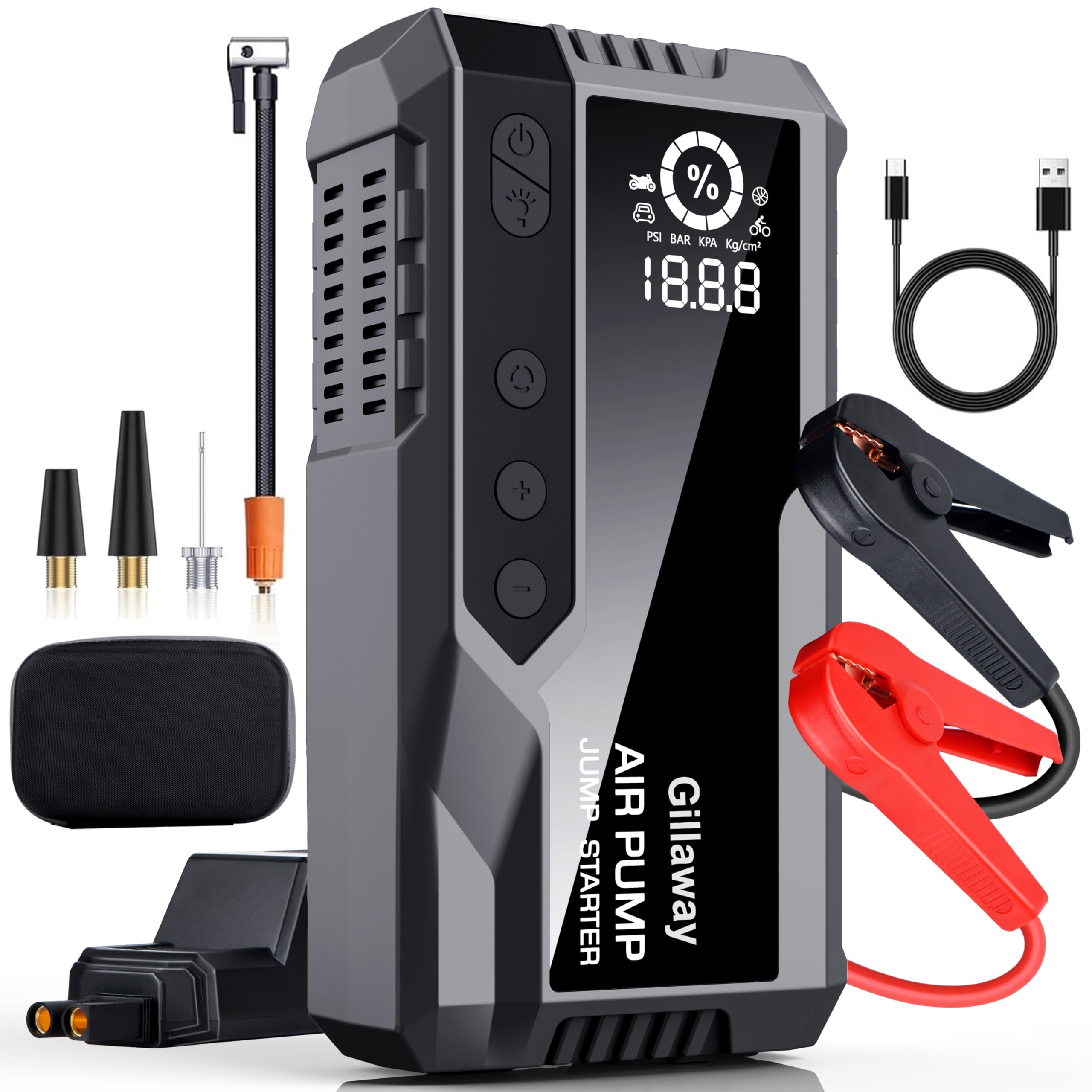 5000A Car Jump Starter with Air Compressor (150PSI) - Portable Battery Booster for 10L Gas/8.0L Diesel Engines - Emergency Tire Inflator & LED Light - Perfect for Roadside Assistance, Camping & Winter Emergencies