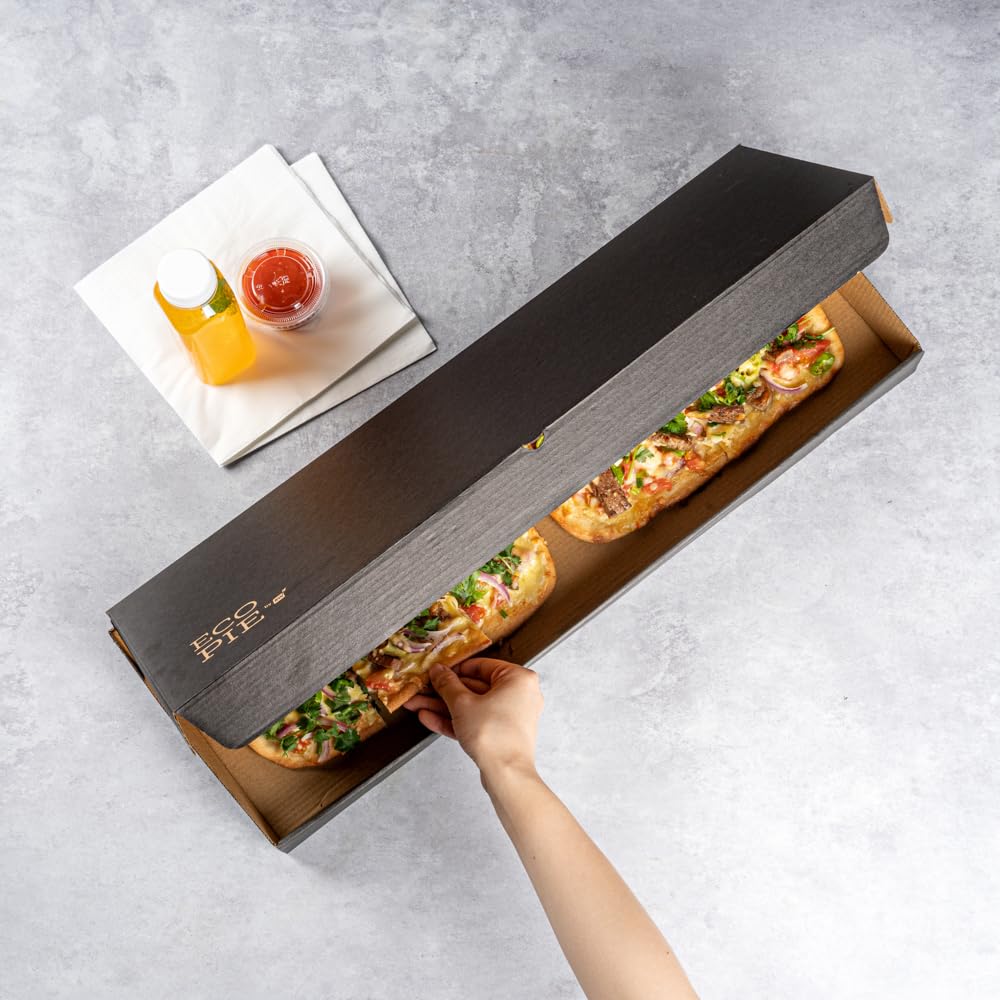 Eco-Friendly 24 x 12 x 2 Inch Flatbread Takeaway Boxes - 50 Pack Sturdy Corrugated Pizza Boxes with E-Flute Design & Tab-Lock System | Black & Kraft Paper Disposable Food Containers for Flatbreads, Pizzas, and Catering Events