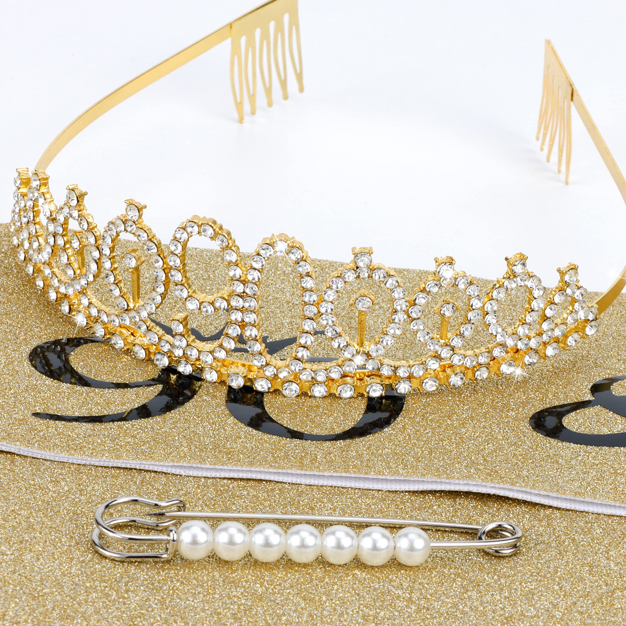 90th Birthday Sash & Gold Tiara Set - Elegant 90th Birthday Gifts for Women - Happy 90th Birthday Party Decorations - Perfect for Milestone Celebrations, Retirement Parties & Golden Anniversary Events