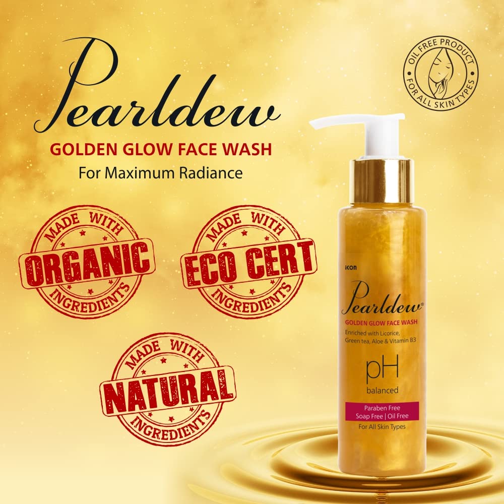 Pearldew Golden Glow Face Wash with Licorice, Green Tea & Aloe - 100ml Organic Vitamin E & B3 Cleanser | Oil-Free, Soap-Free, Paraben-Free | Brightening & Hydrating for Daily Skincare Routine