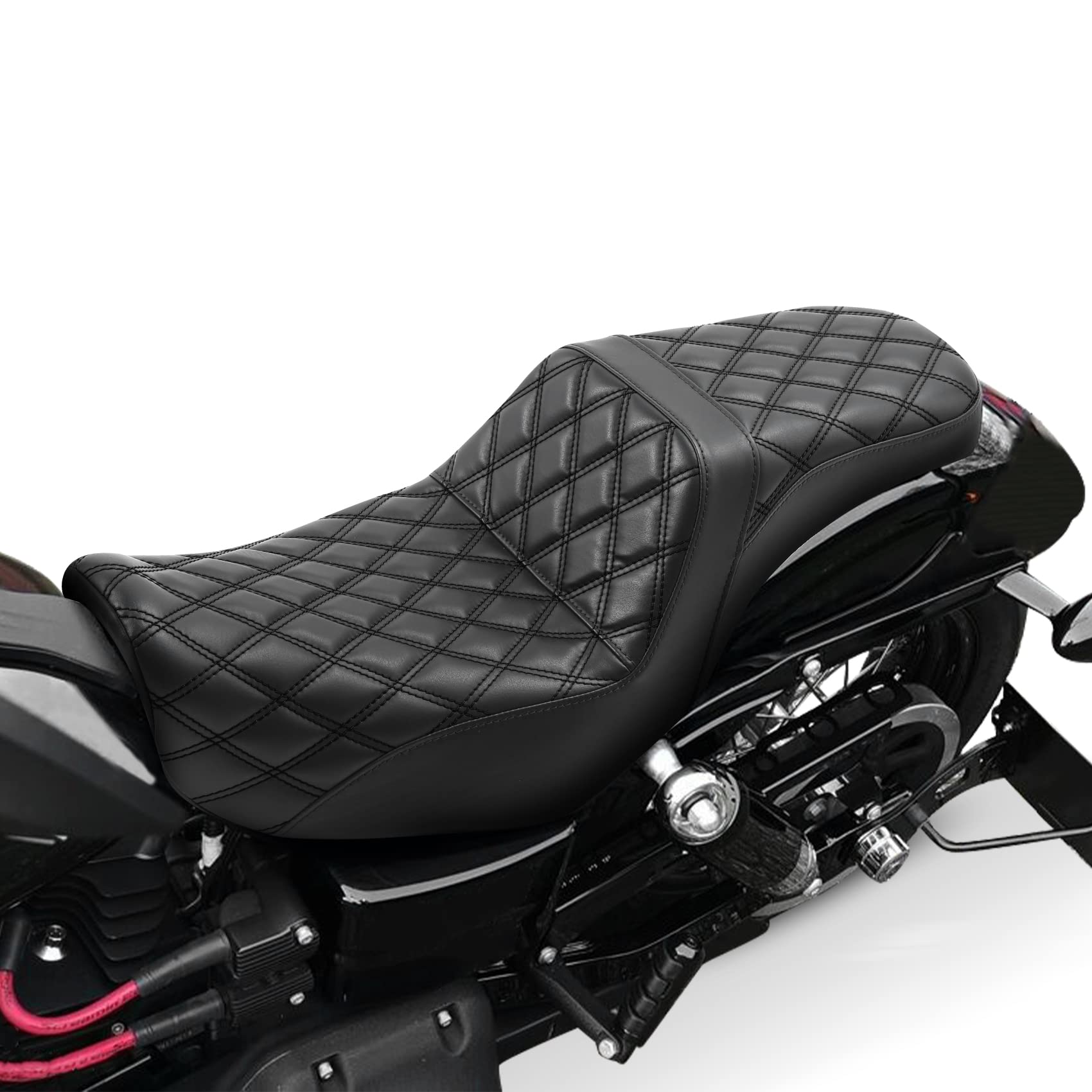 SLMOTO Diamond Pattern Driver & Rear Passenger Seat for Harley Dyna Super Glide Street Bob Wide Glide Fat Bob Low Rider Switchback 2006-2017 - Black Stitching | Comfortable Motorcycle Seat for Long Rides & Cruising