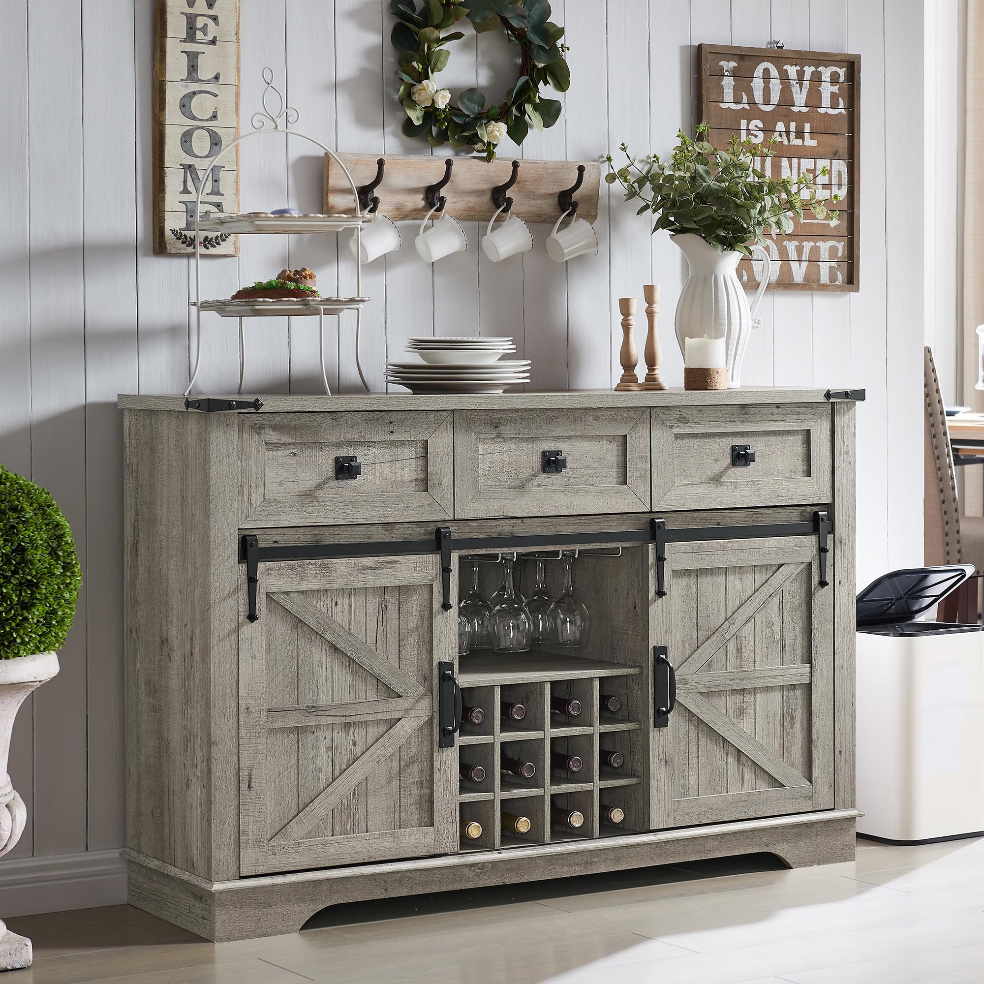 Farmhouse Wine Bar Cabinet with Sliding Barn Door - 54 Inch Rustic Kitchen Coffee Bar with Wine Rack, Glass Storage, 3 Drawers & Shelves - Light Oak Buffet Sideboard for Dining Room, Living Room & Home Entertaining