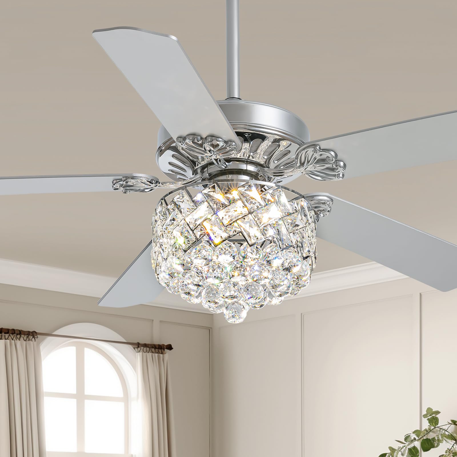 CROSSIO 52 Inch Modern Crystal Ceiling Fan with Dimmable LED Light - Remote Control Reversible Chandelier Fan for Bedroom, Living Room & Dining Room - Chrome Finish - Energy Efficient Cooling & Stylish Home Decor