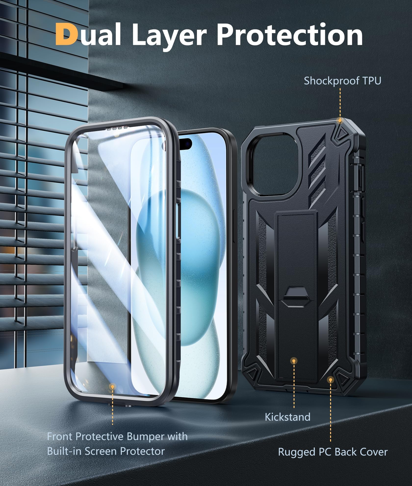 FNTCASE Military Grade Shockproof iPhone 15 Case (6.1 Inch) - Dual Layer Rugged Protective Cover with Kickstand, Matte Textured Drop Proof Design - Perfect for Outdoor Adventures, Construction Work & Active Lifestyles (Black)