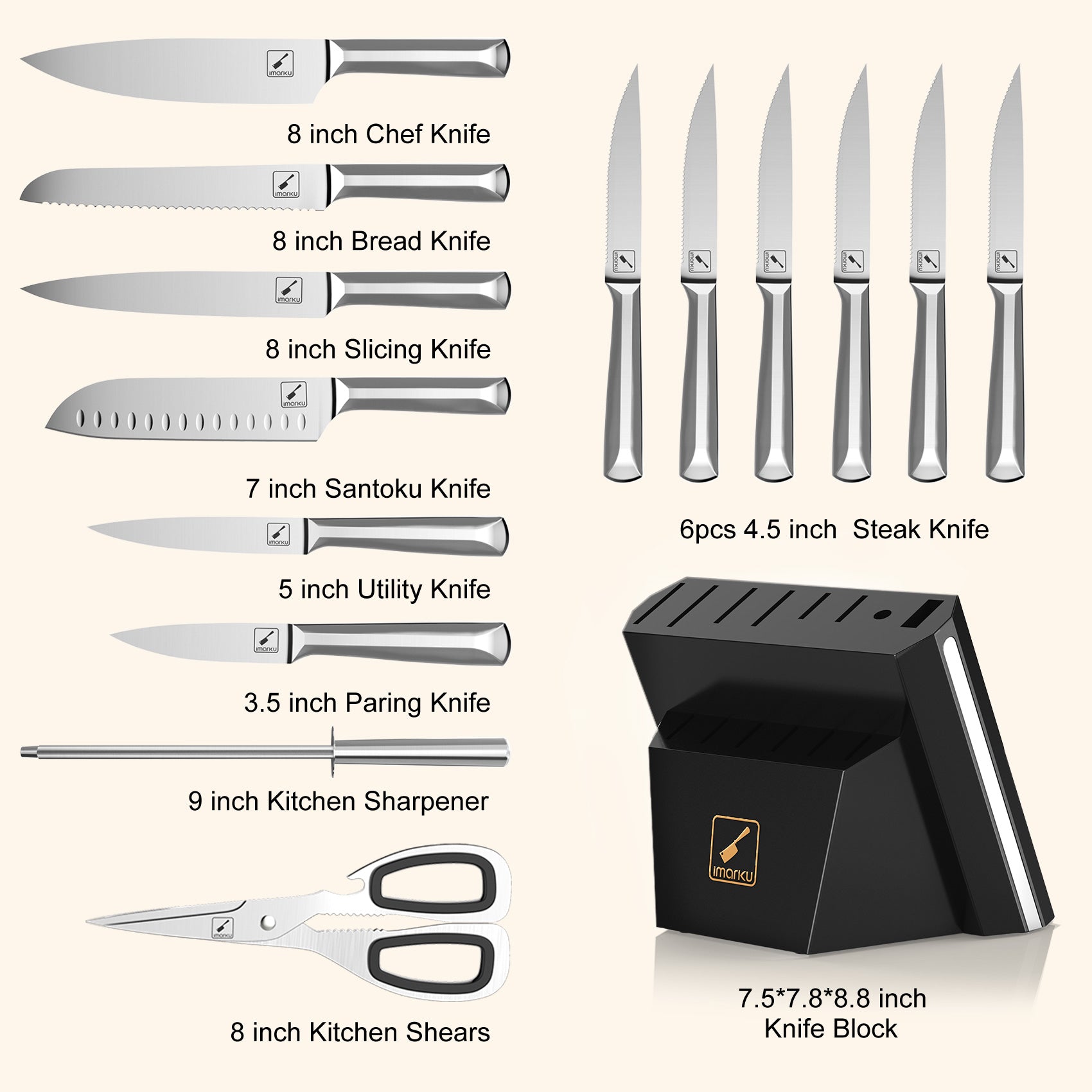 14-Piece Premium Stainless Steel Cookware Set & 15-Piece Kitchen Knife Set - Nonstick Pots & Pans with Ergonomic Knives for Professional Chefs & Home Cooking