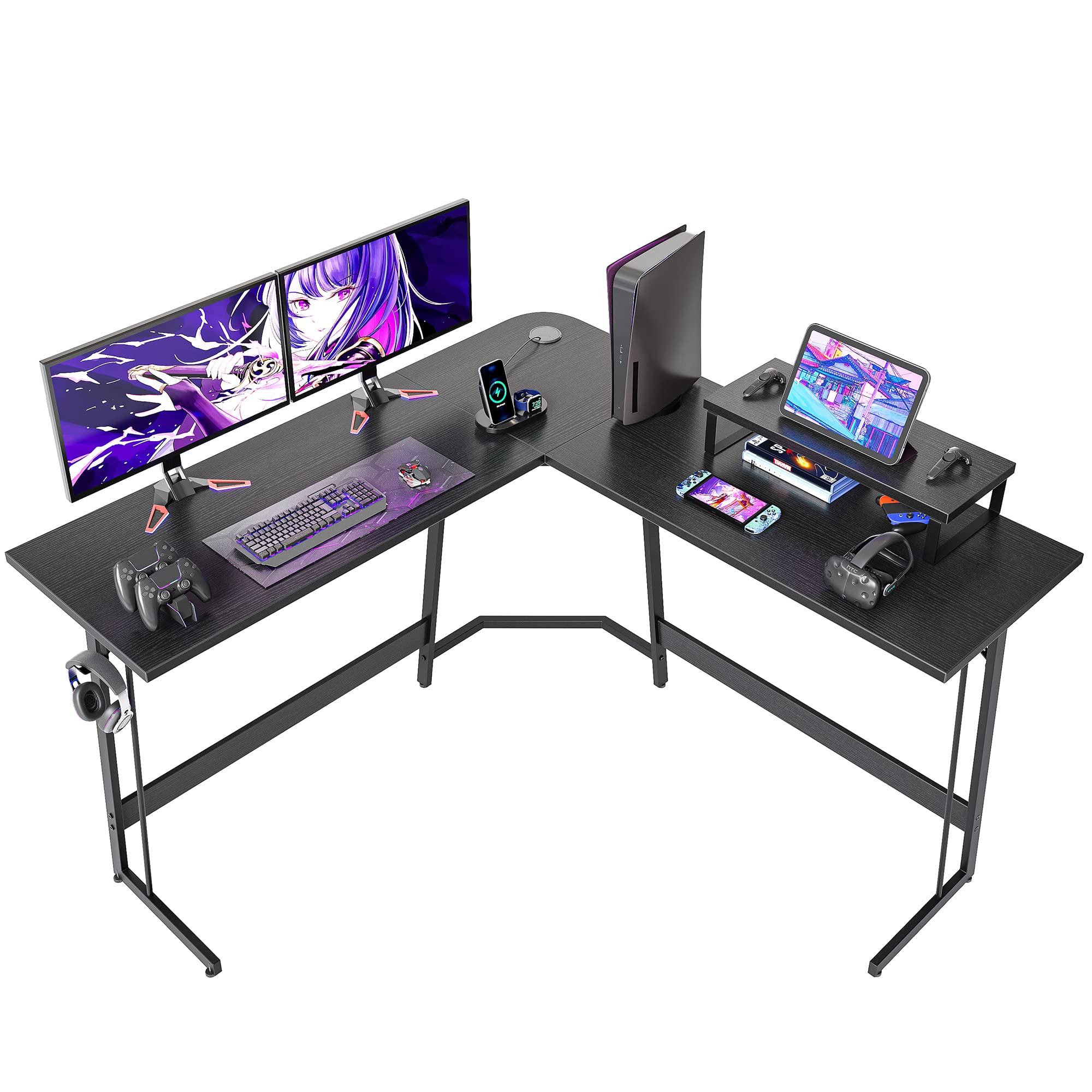 CubiCubi 47 Inch L-Shaped Gaming Desk with Monitor Stand - Sturdy Corner Computer Desk for Home Office, Gaming & Writing Workstation - Black | Perfect for Small Spaces & Multi-Monitor Setups