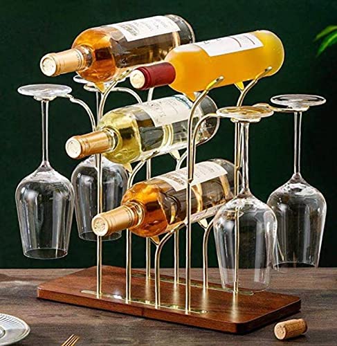 Wooden Countertop Bottle Rack - Holds 6 Wine Bottles - Gold Metal & Wood Tabletop Holder for Kitchen, Bar, Cellar Storage - Perfect for Home Decor, Cabinet & Pantry Organization - Ideal for Wine Lovers & Entertaining Guests